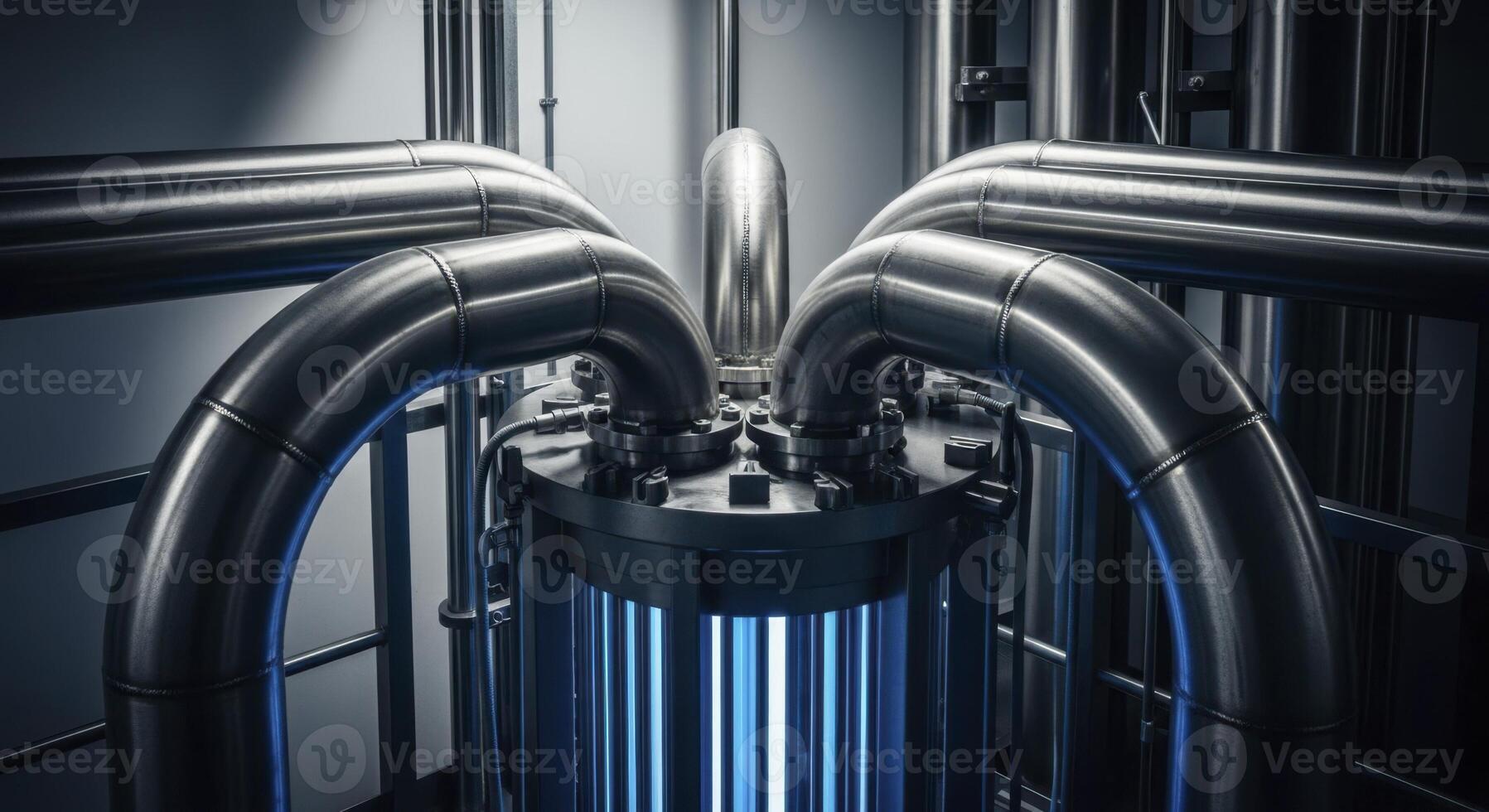 Polished stainless steel pipes converging into a glowing industrial unit photo