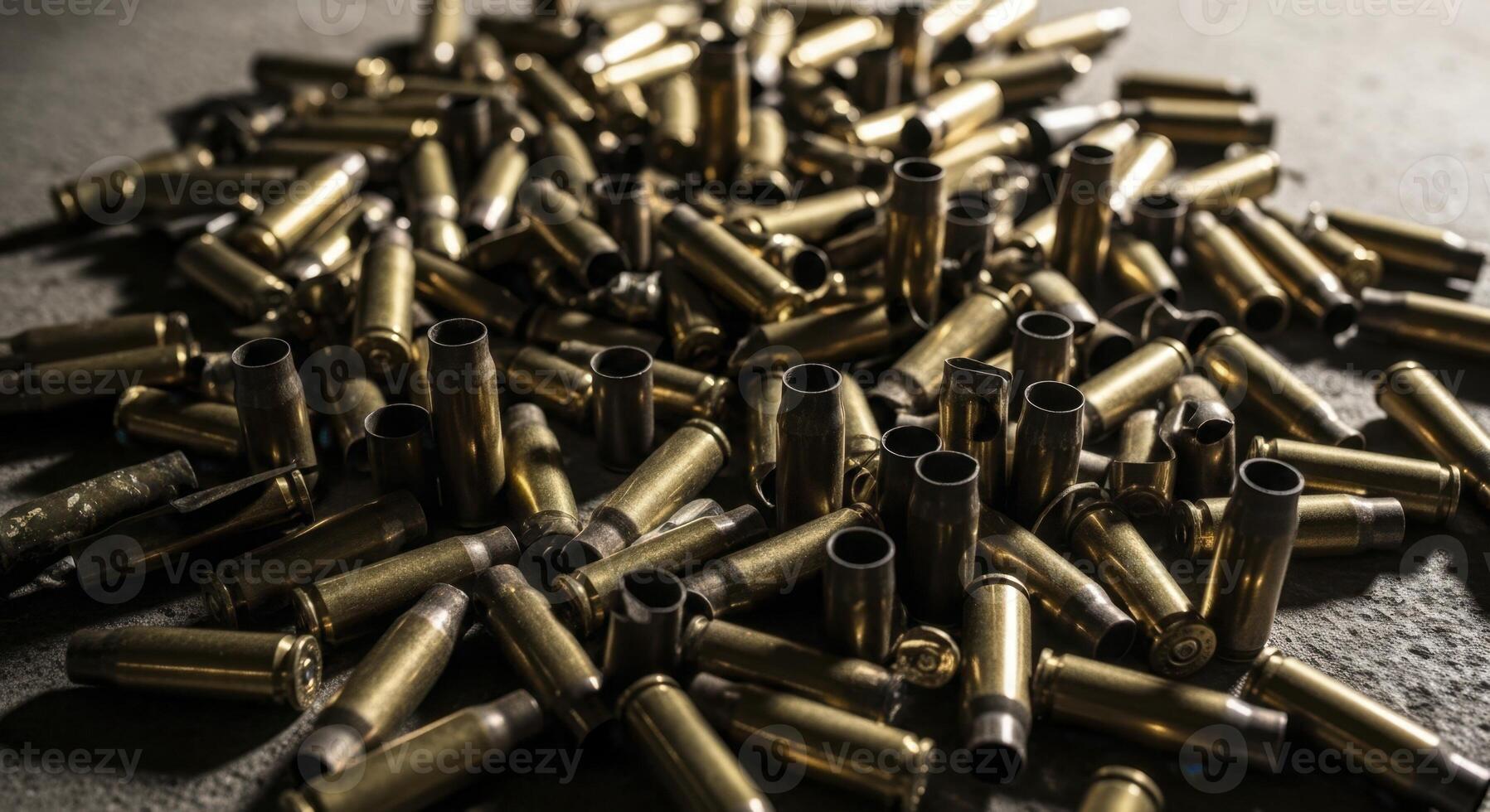 Large pile of spent brass shell casings scattered on a dark concrete surface photo