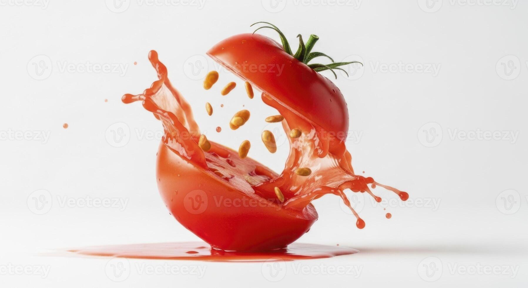 Dynamic splash of fresh red tomato juice and seeds bursting from a sliced ripe tomato photo