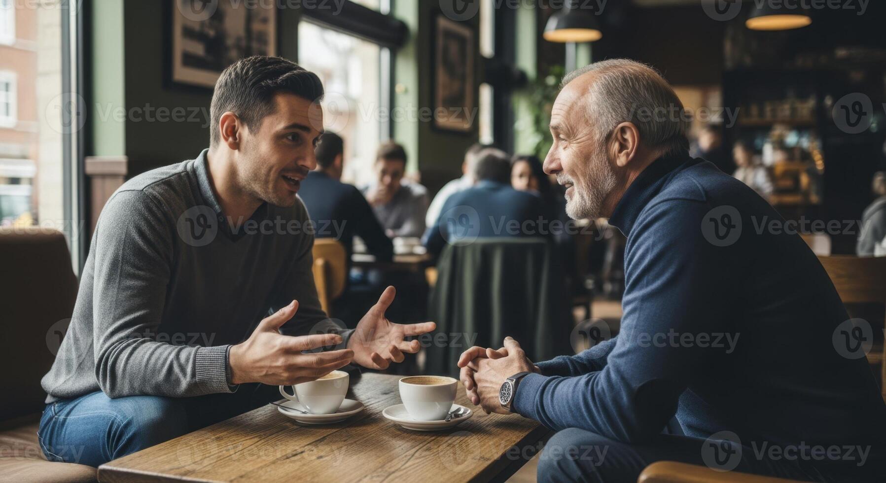 Two men of different generations having a lively conversation in a cozy cafe over coffee cups photo