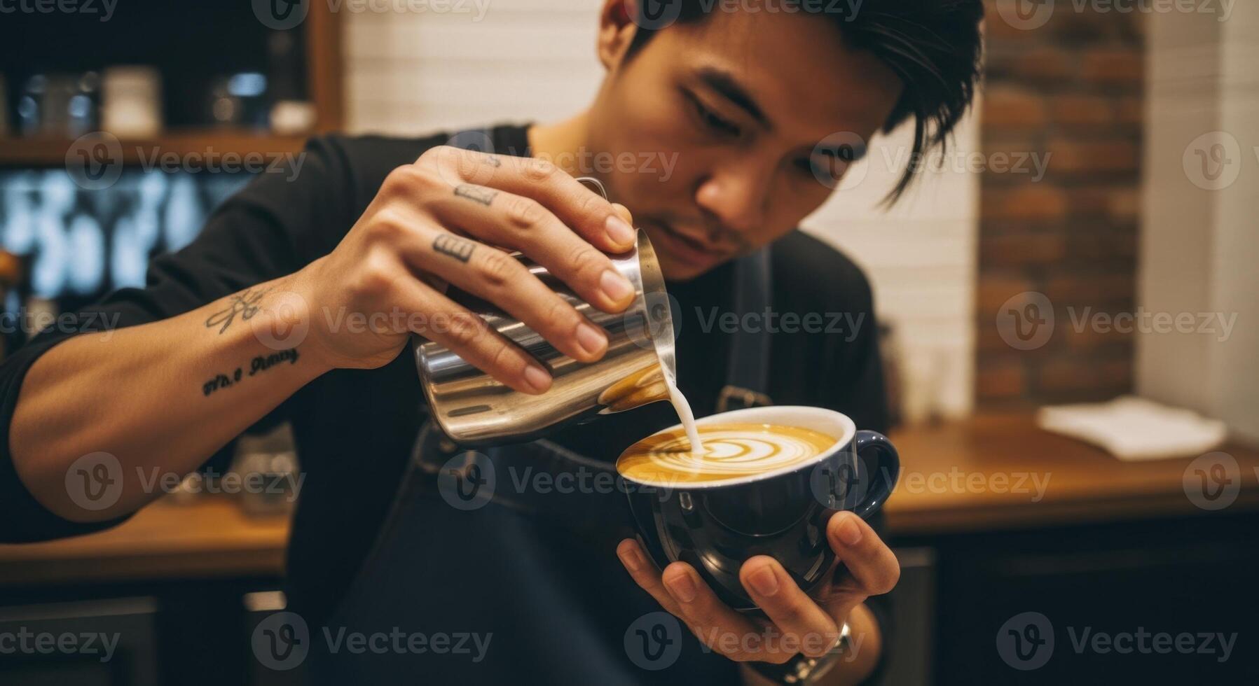 Barista expertly pouring steamed milk for latte art in a dark ceramic coffee cup photo