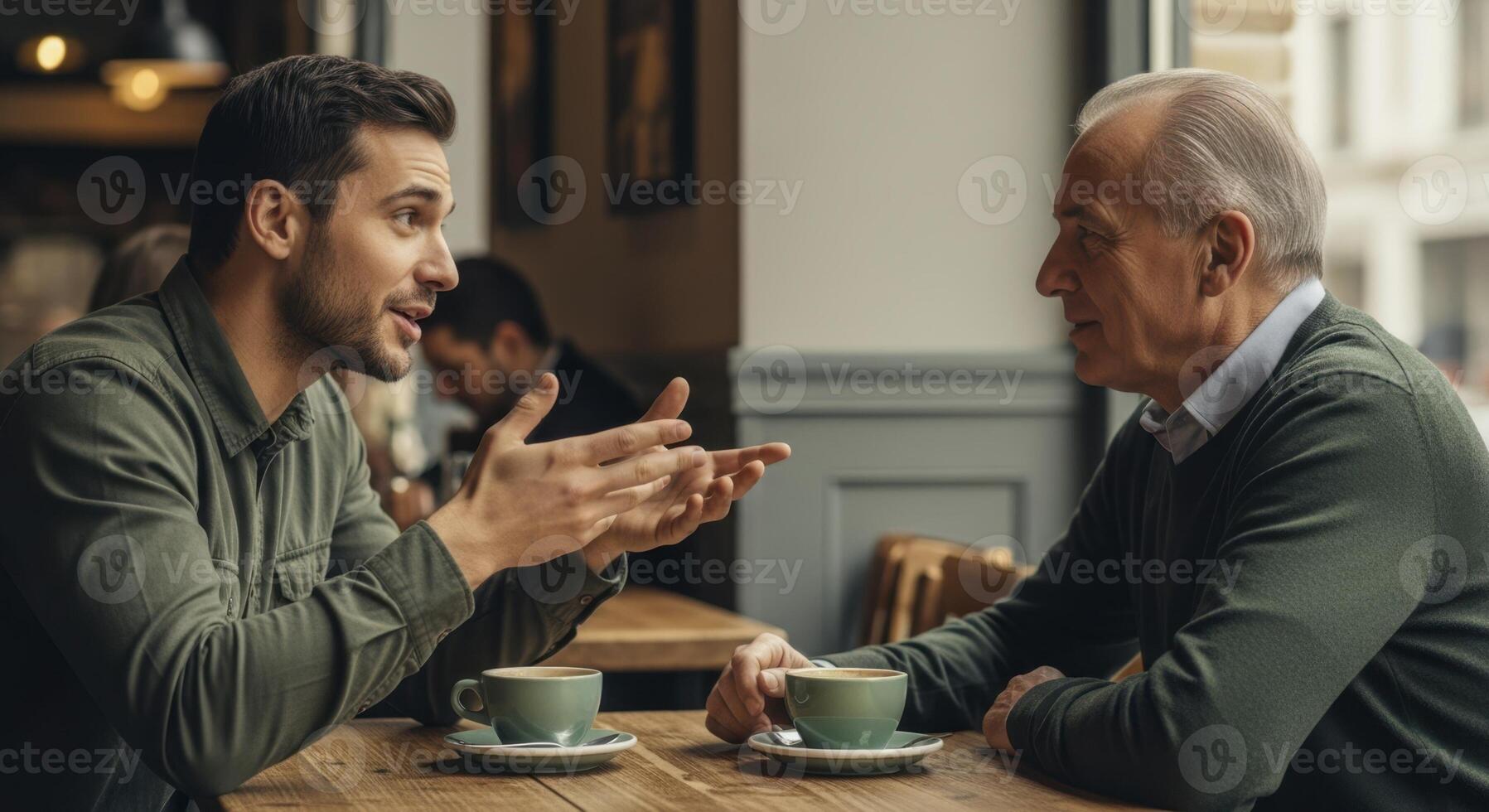 Two men, a young adult and a senior, engaged in a lively discussion at a cafe table photo