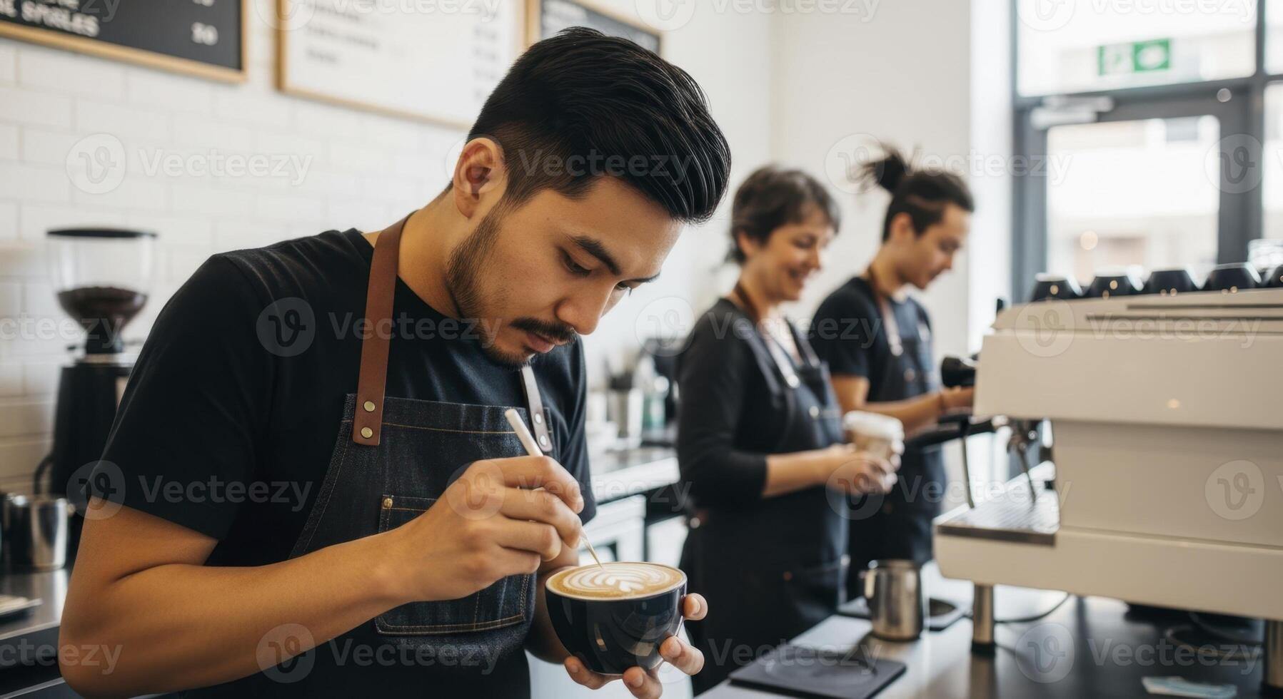 Professional male barista expertly crafting intricate latte art in a modern coffee shop photo