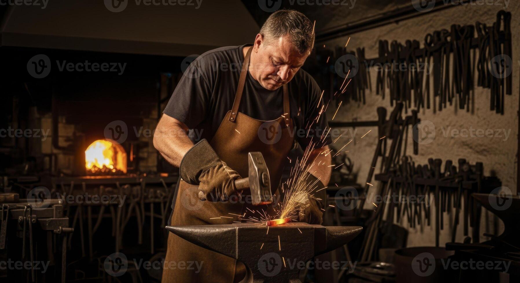 European blacksmith hammering glowing hot steel on an anvil with sparks flying in a traditional forge photo
