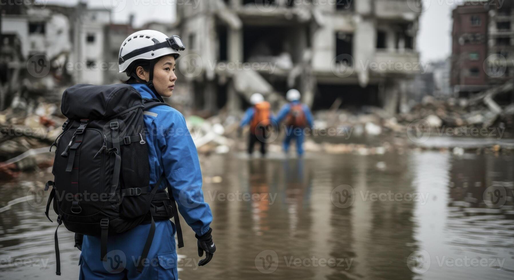 Female search and rescue worker in blue suit and helmet navigating flooded urban disaster zone photo