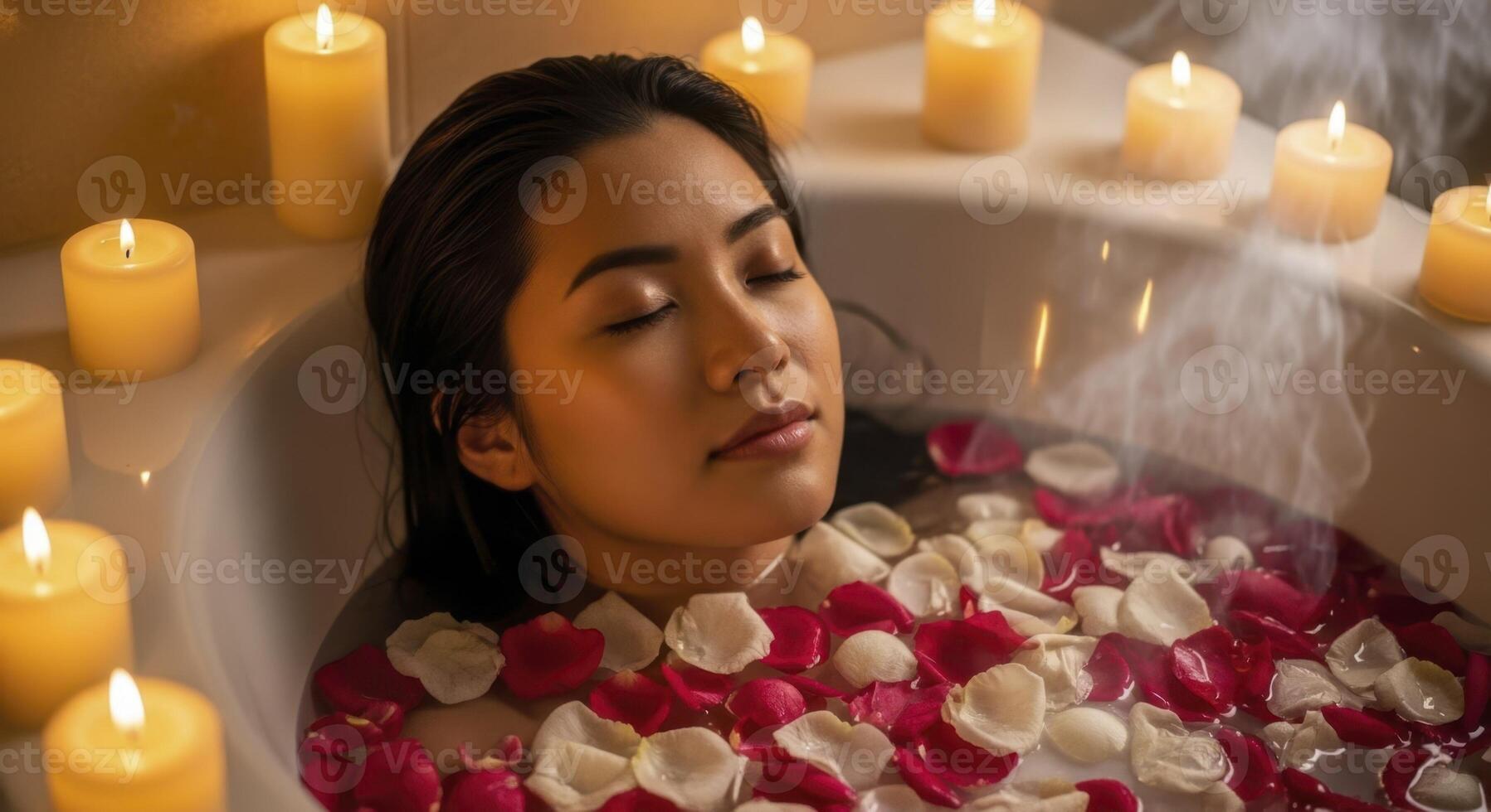 Serene asian woman relaxing in a steaming bathtub with rose petals and candles photo