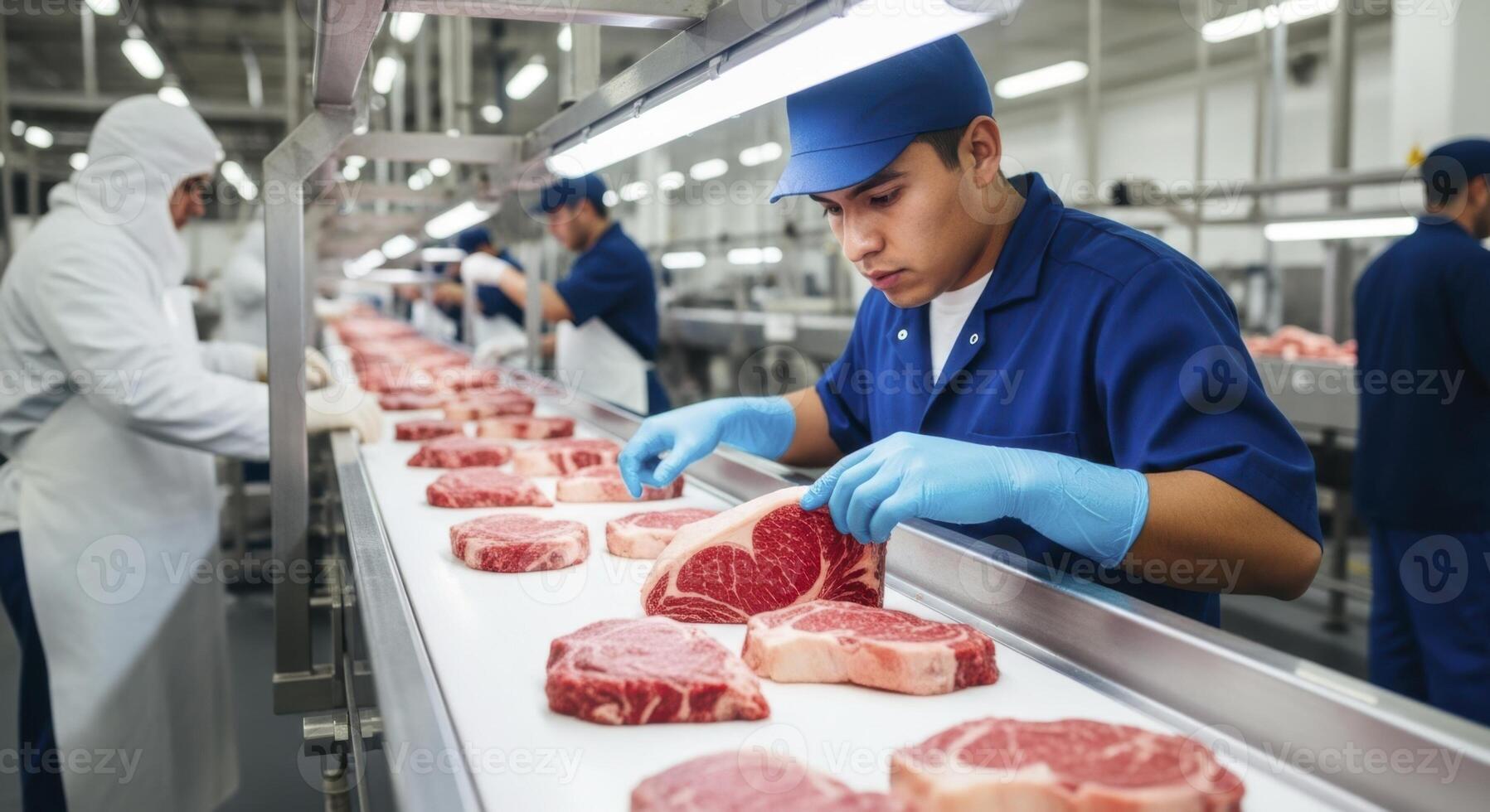 Man inspecting fresh beef steaks on production line in modern meat processing plant photo