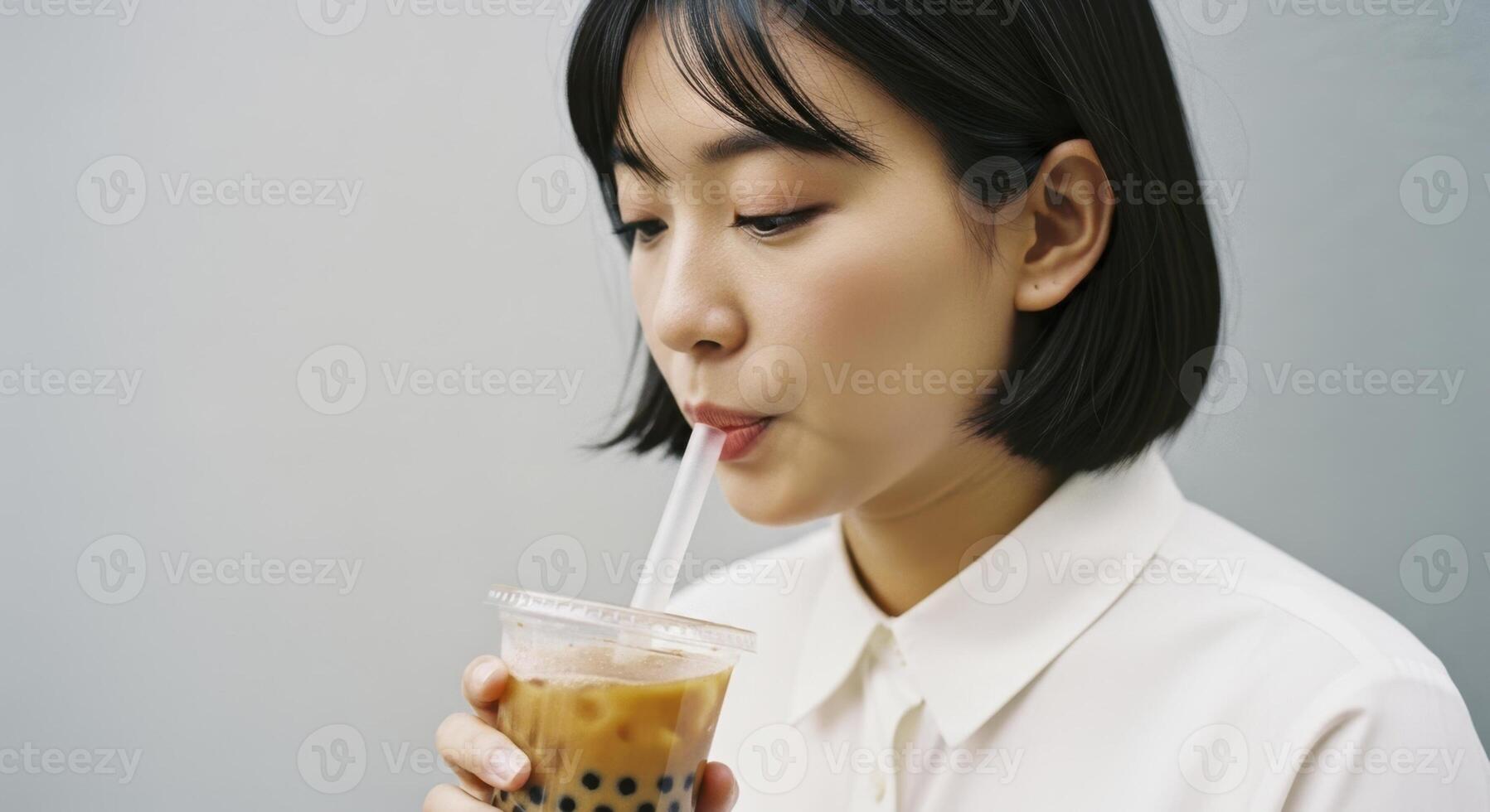 A close up shot of a young asian woman enjoying refreshing iced bubble tea photo