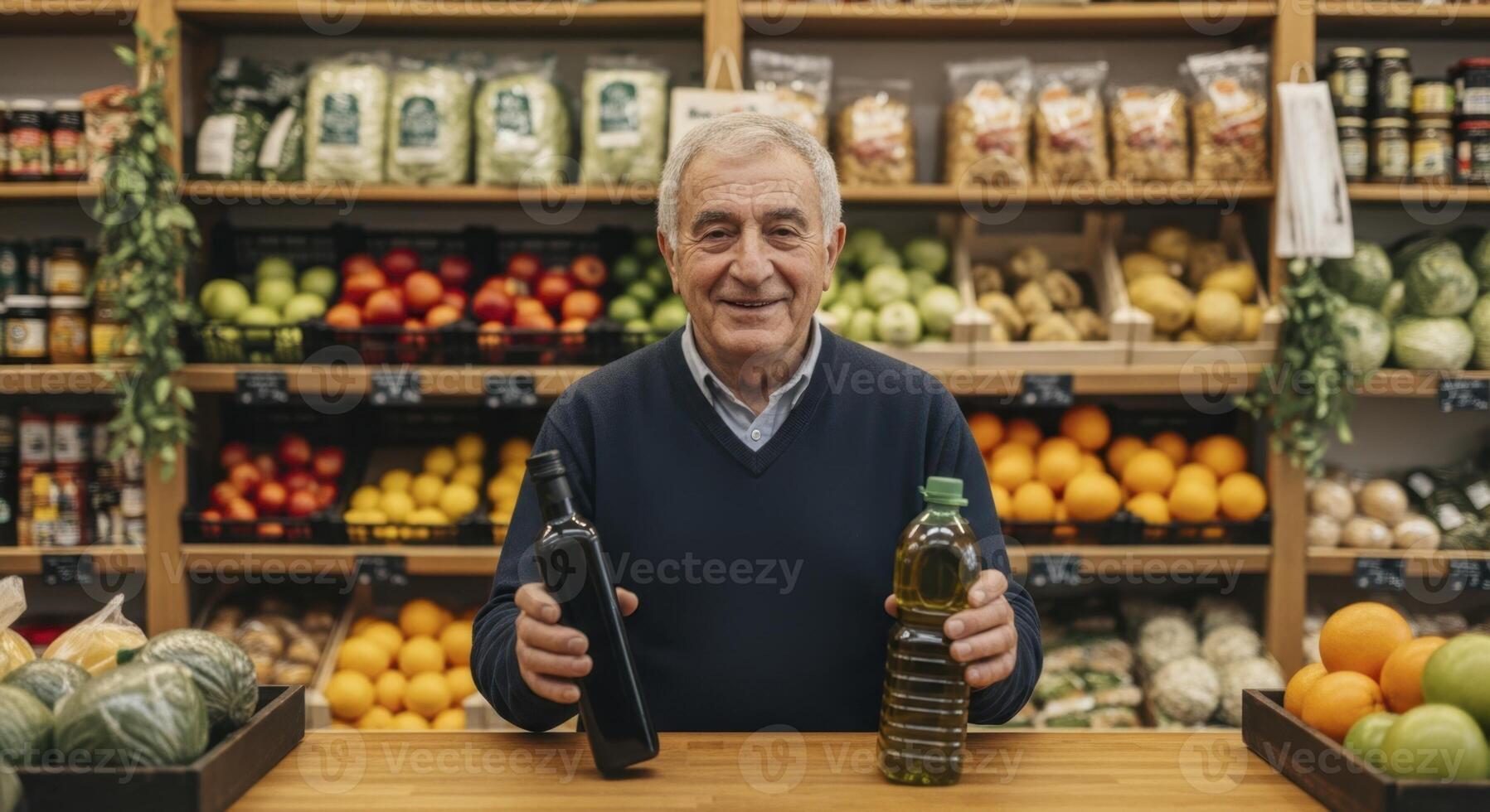 Smiling senior man shopkeeper holding bottles of olive oil and wine in a grocery store photo
