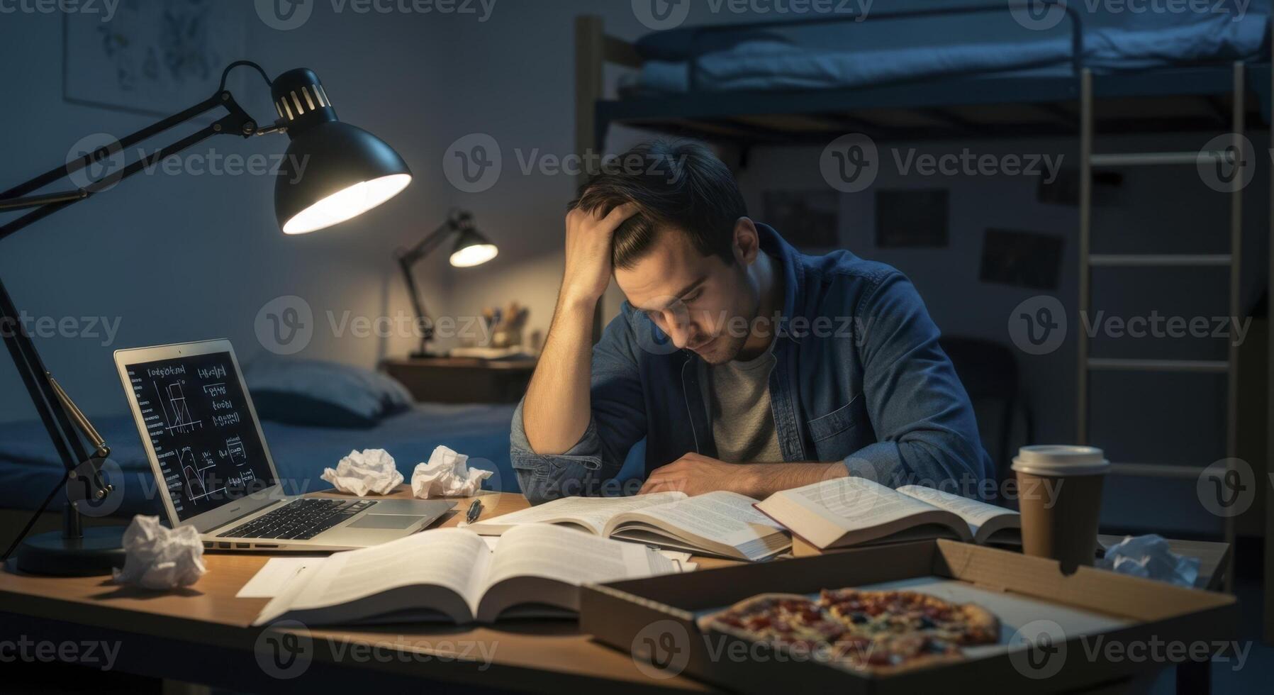 A stressed male student studying late at night in a dimly lit dorm room with books and laptop photo