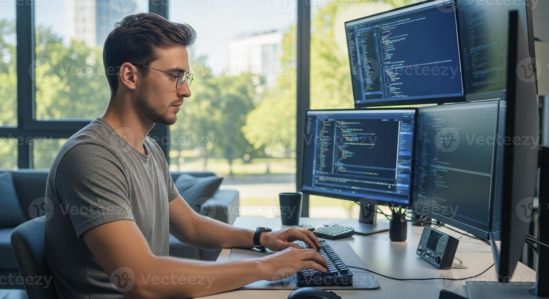 Focused young man programming on multiple computer monitors in a modern home office setting photo