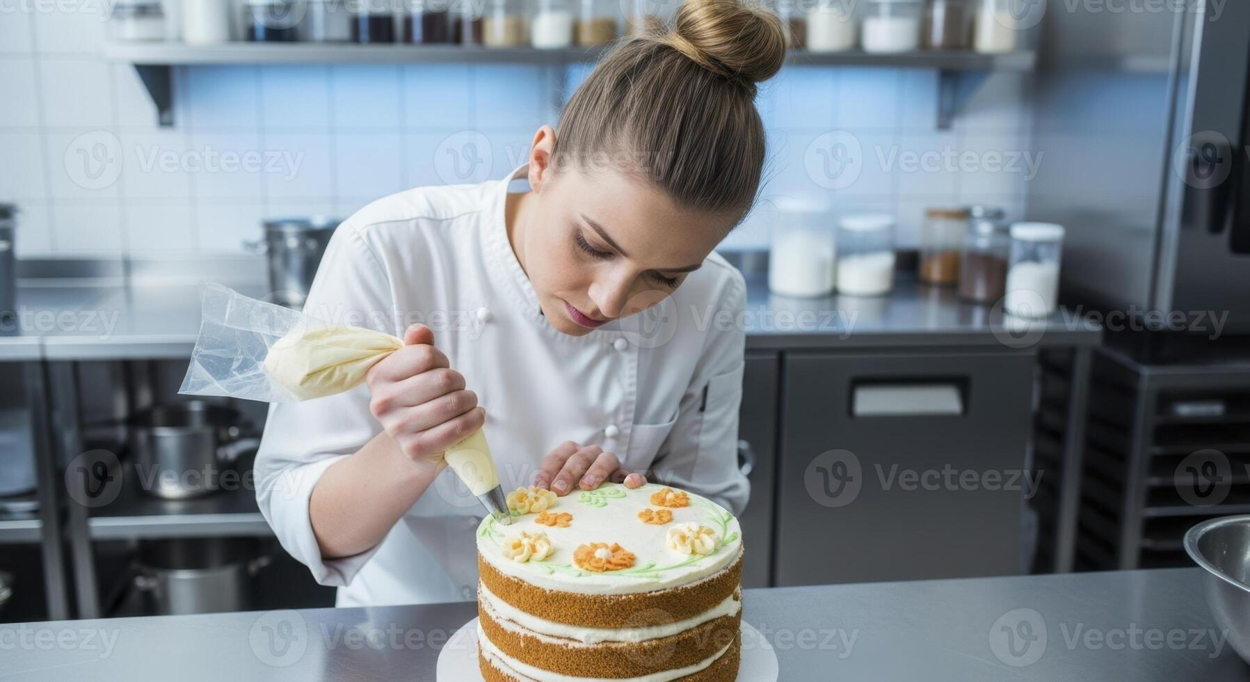 Skilled woman pastry chef decorating a delicious multi layered cake with cream in a commercial kitchen photo