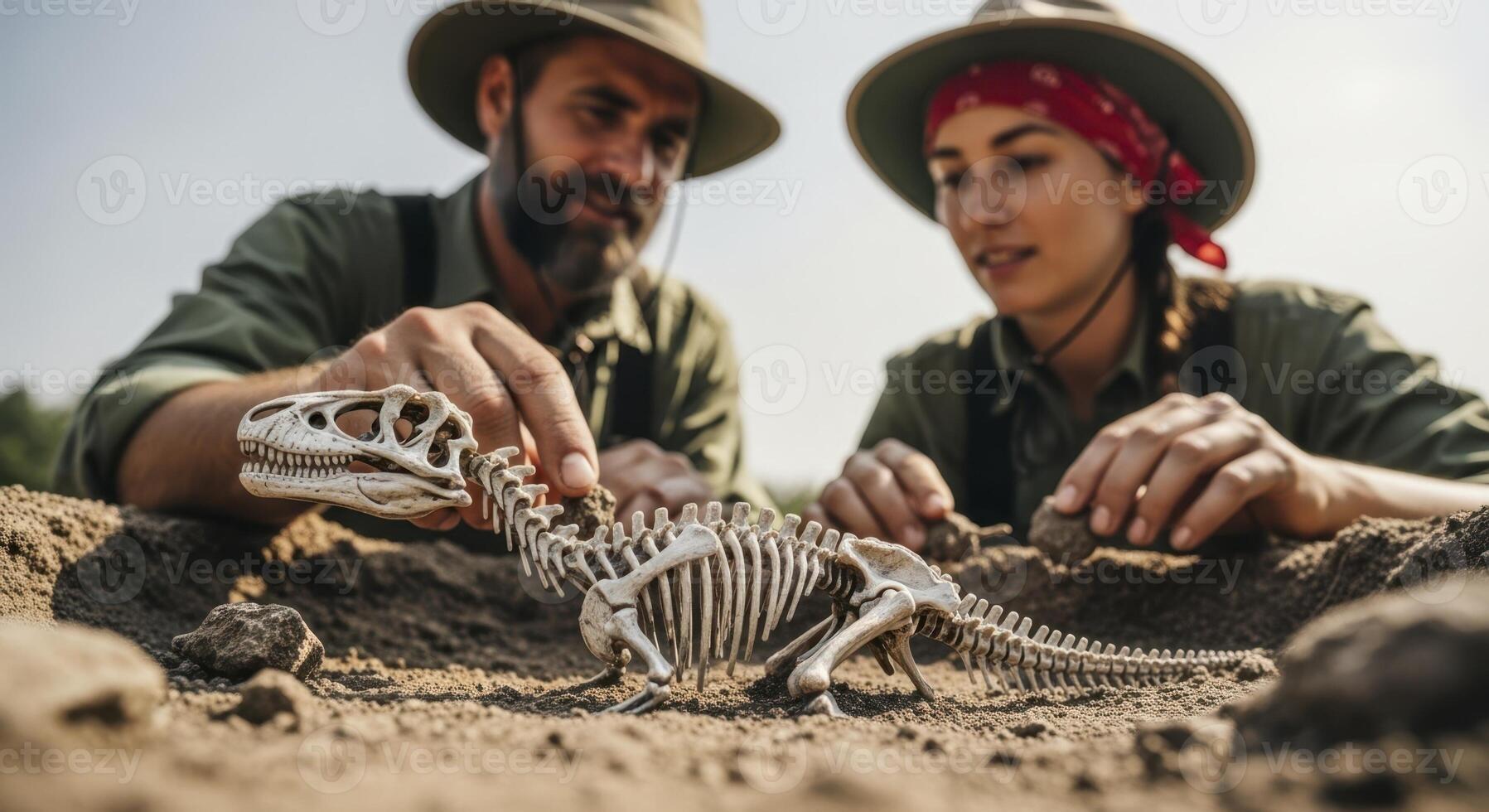 Two paleontologists meticulously studying a dinosaur skeleton model in a sandy excavation site photo