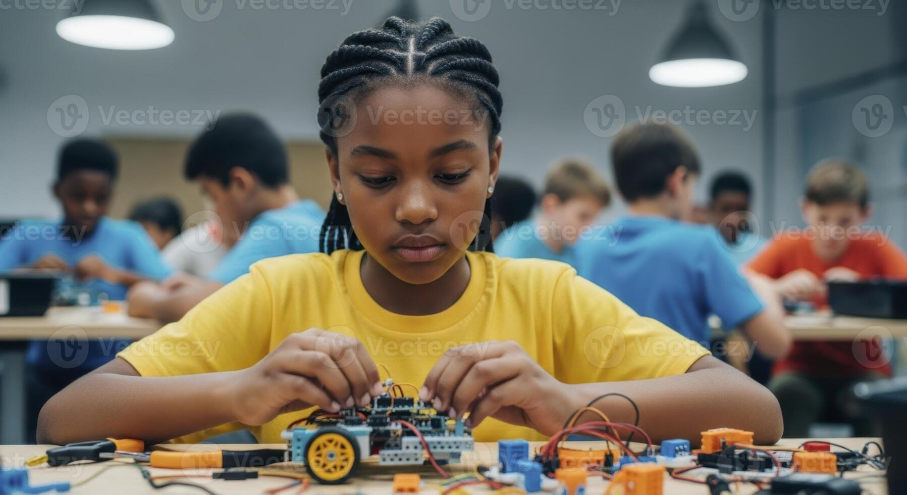 Concentrated african american girl building a robot with electronic components in a STEM classroom photo