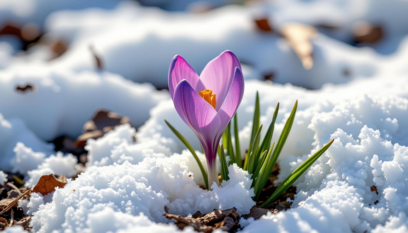 close up view of a crocus emerging from the snow with soft purple petals curled at the tips. photo