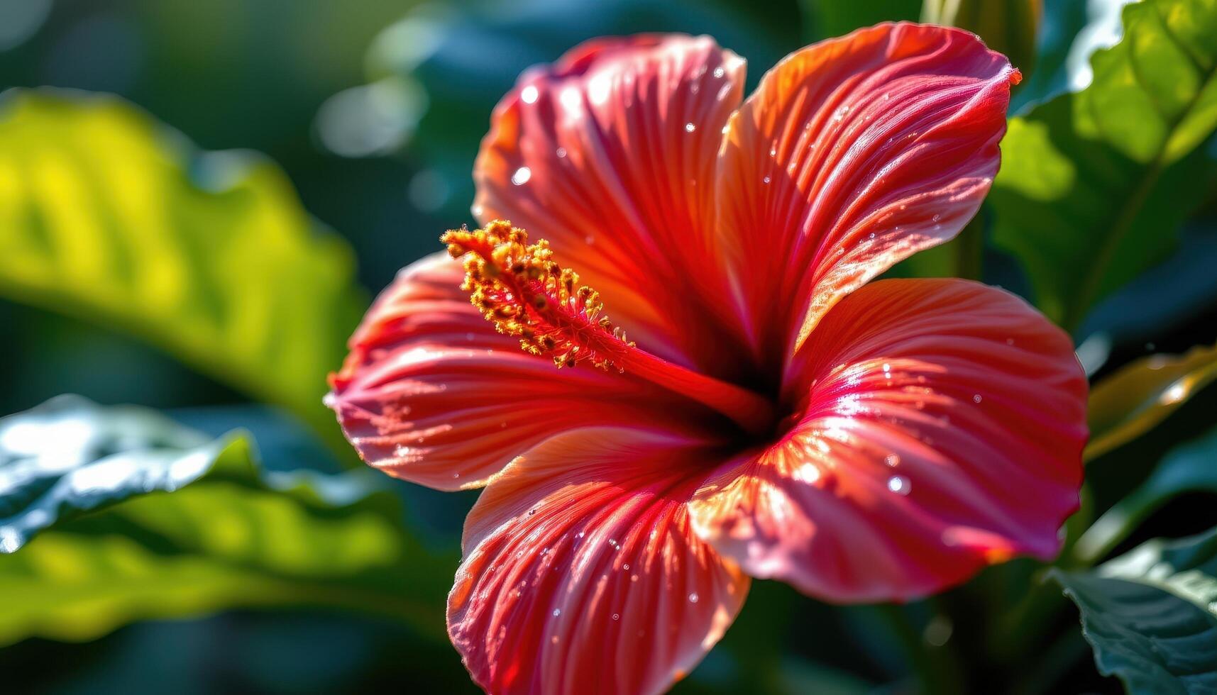 close up view of a tropical bloom glistening in humidity with saturated colors and dramatic light. photo