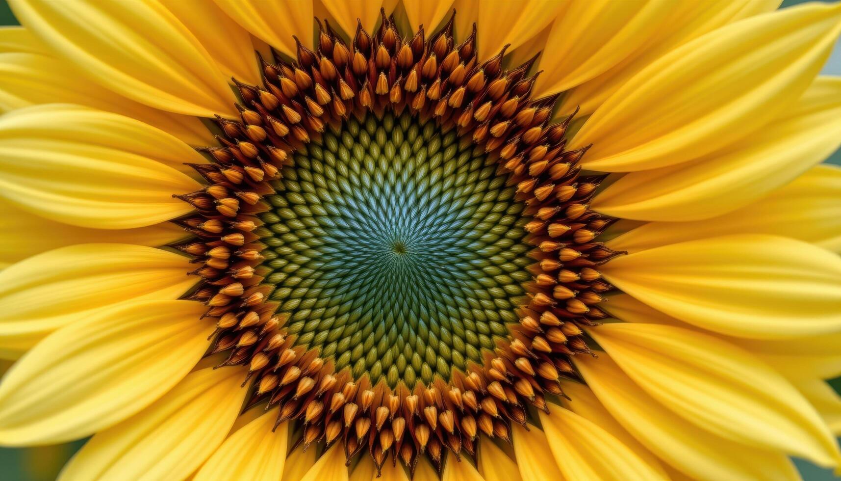 close up view of a sunflower center filled with seeds in fibonacci spiral formation. photo