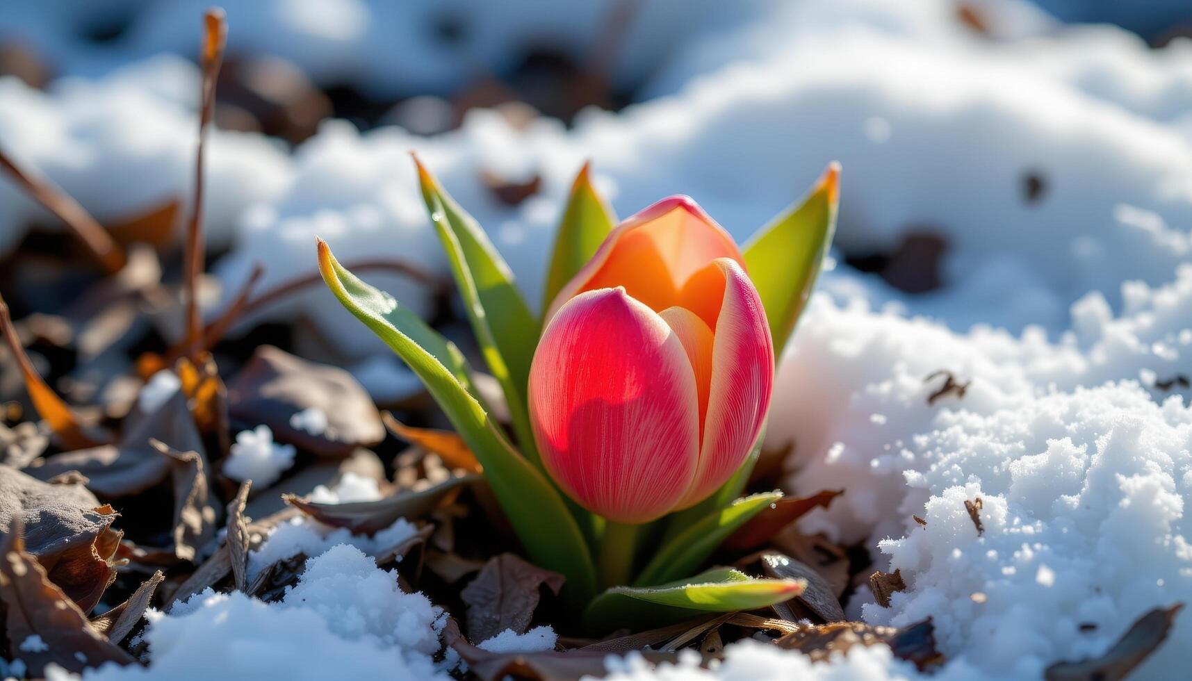 close up view of a spring bloom emerging from last frost, surrounded by subtle patches of snow. photo