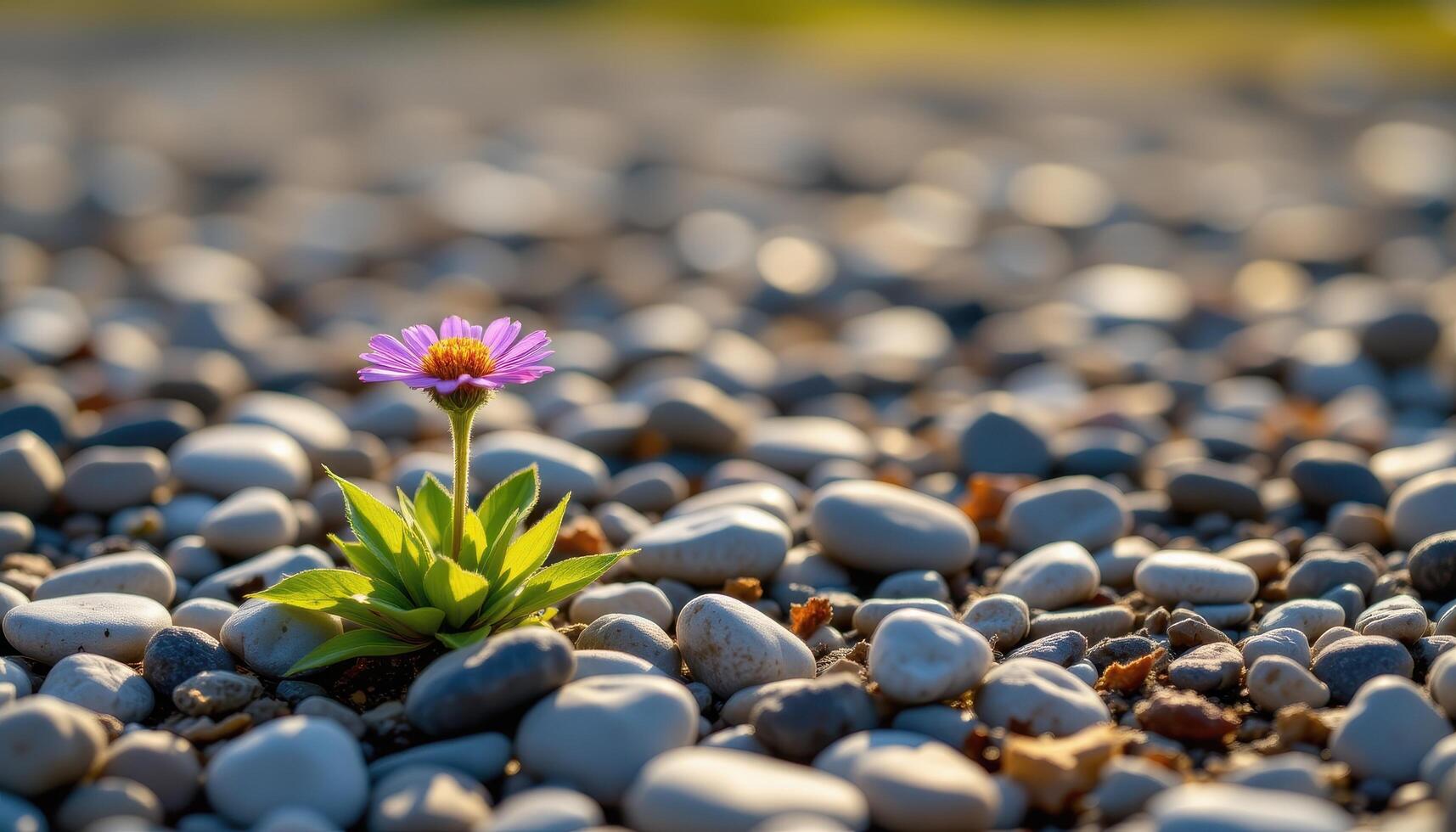 close up view of a lone wildflower standing among pebbles, touched by morning sun. photo