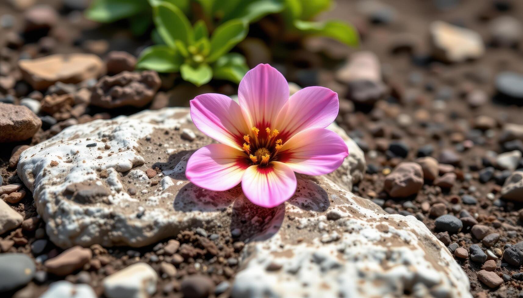 close up view of a small rock garden bloom with detailed texture and earthy surroundings. photo
