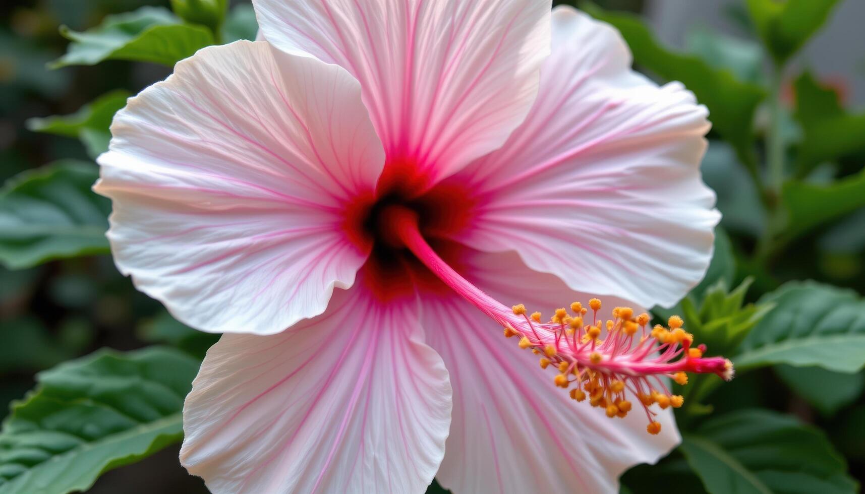 close up view of a pink hibiscus flower with a long red stamen extending from the center. photo