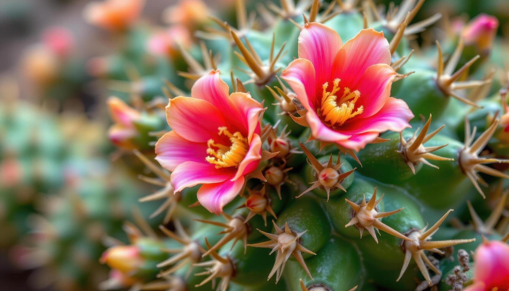 close up view of a desert cactus flower with vibrant blooms contrasting against spiky textures. photo