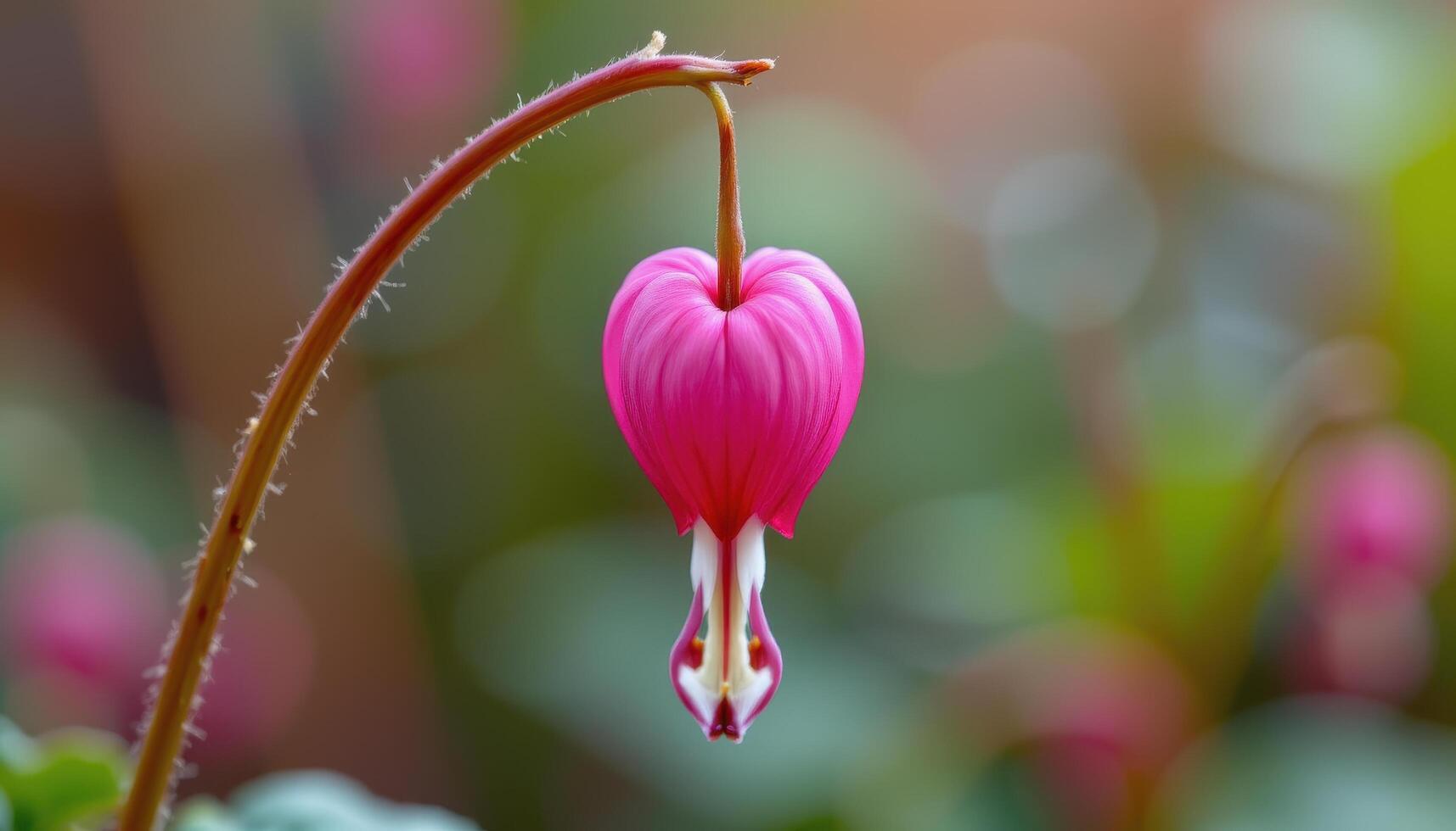 close up view of a bleeding heart flower hanging delicately from its curved stem. photo