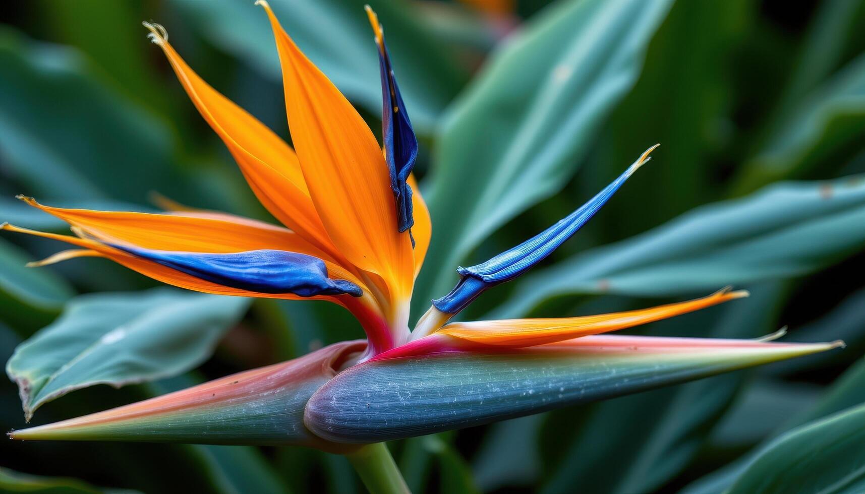 close up view of a bird of paradise flower with bold orange and blue petals in abstract arrangement. photo