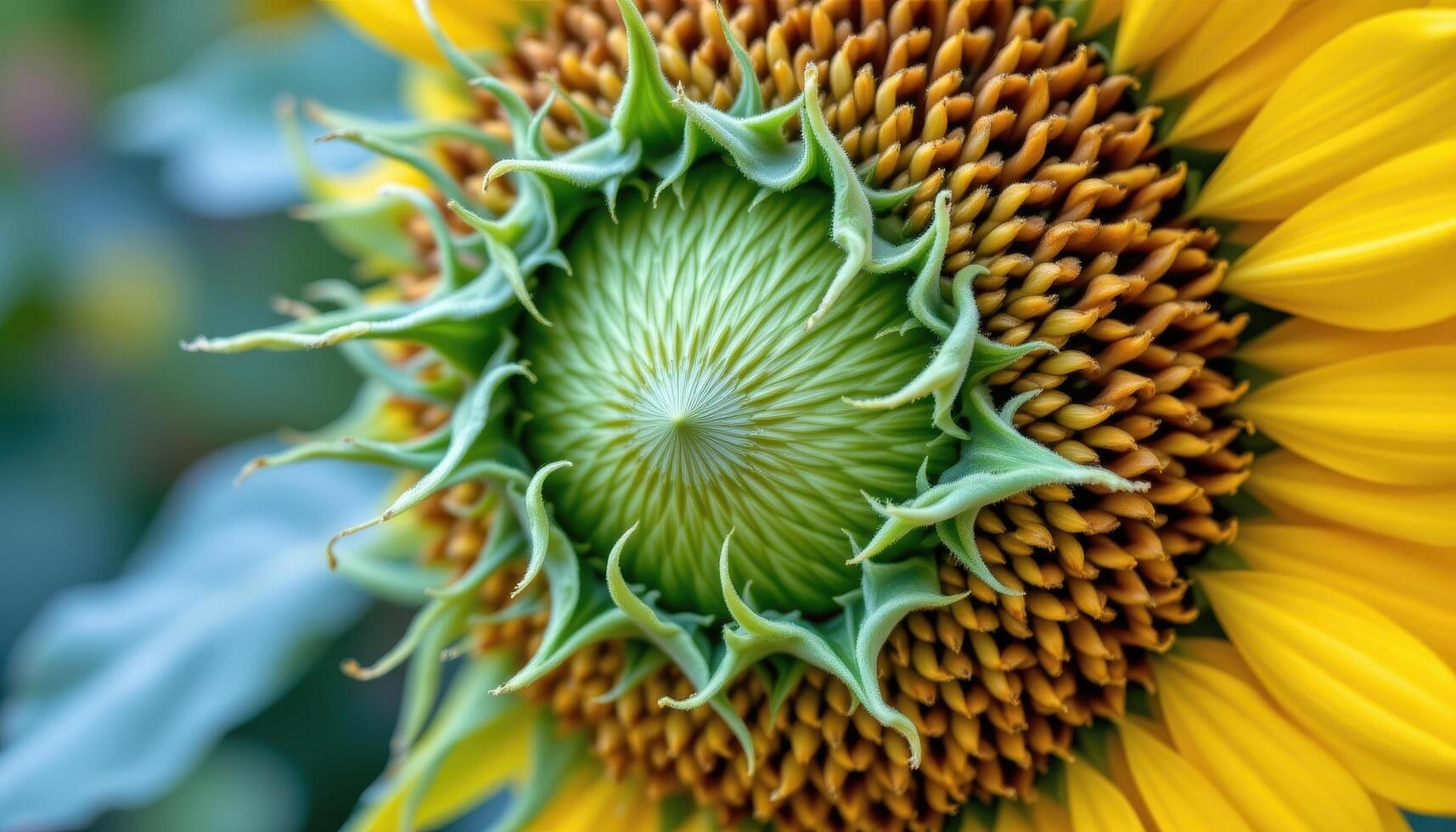 close up view of a garden sunflower just before blooming, with tight spirals and subtle texture. photo