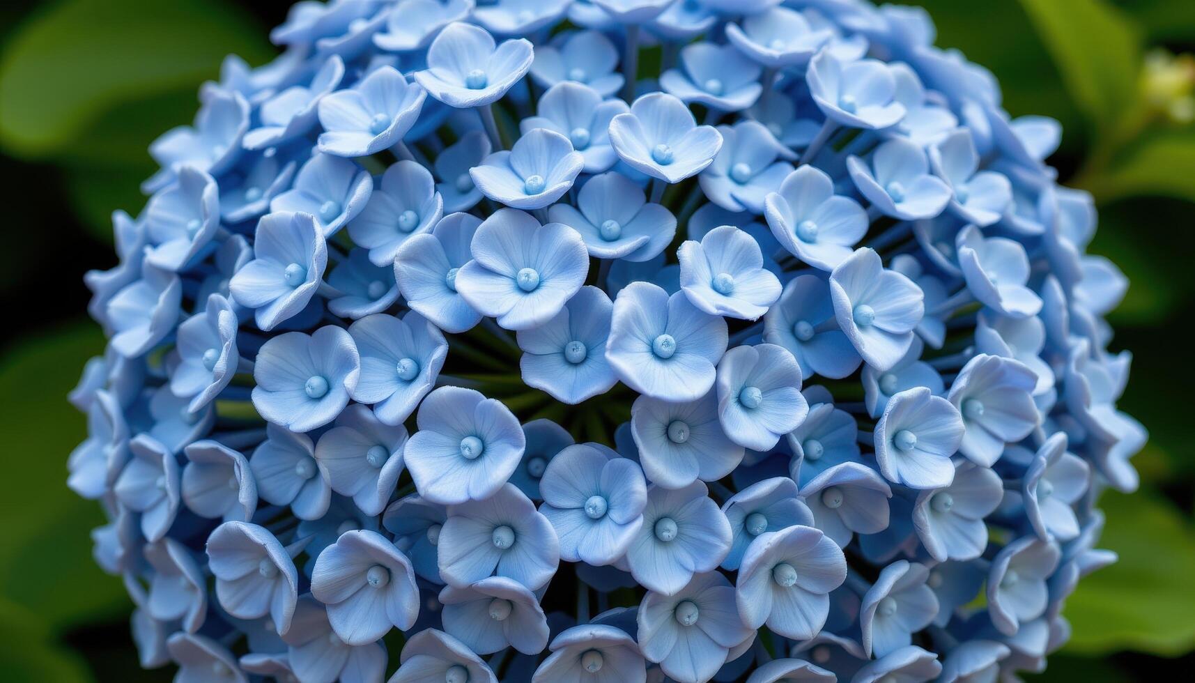 close up view of a hydrangea cluster with hundreds of tiny blue blossoms forming a rounded bouquet. photo