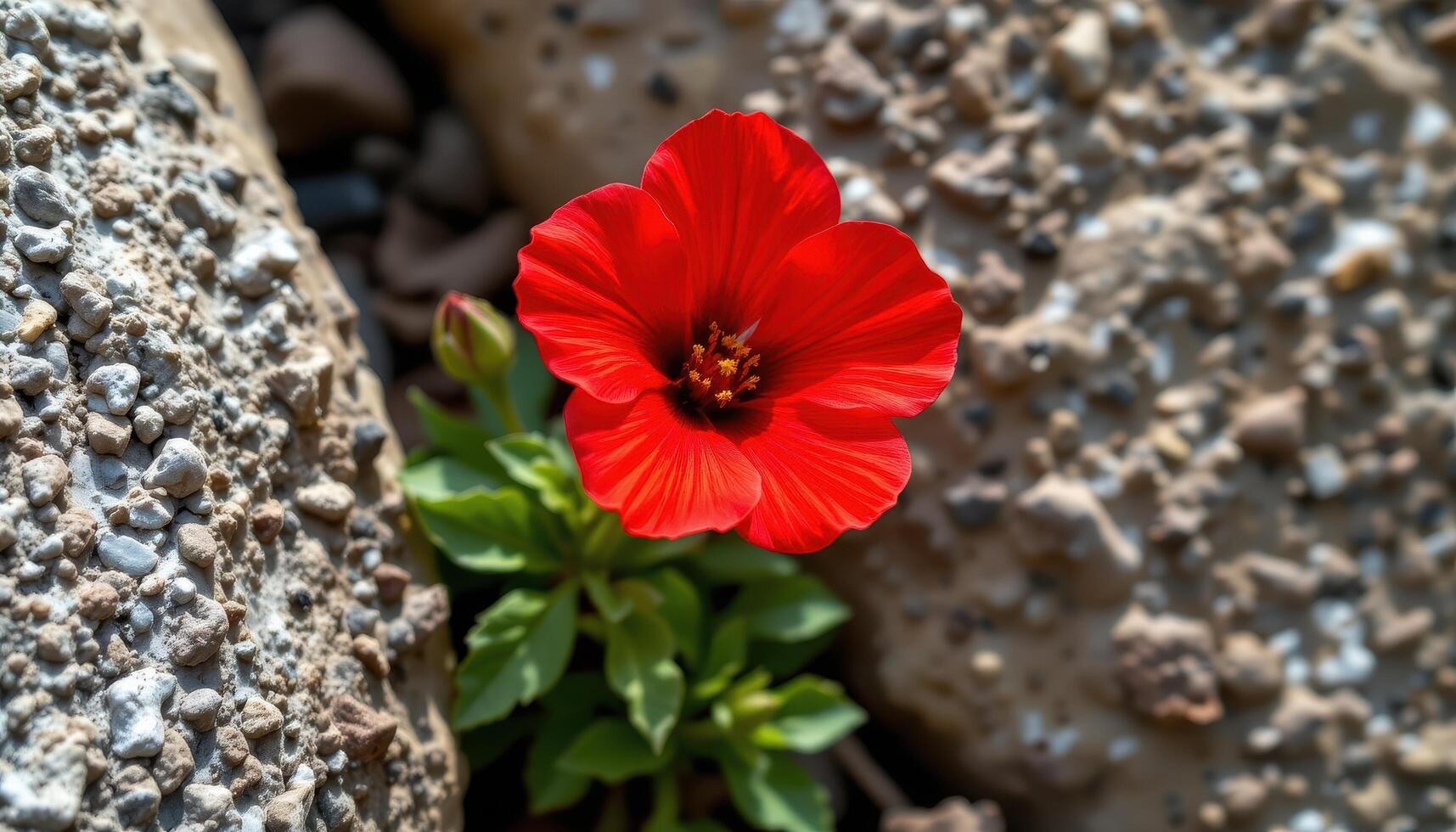 close up view of a flame red geranium blooming beside weathered stone with intense contrast. photo