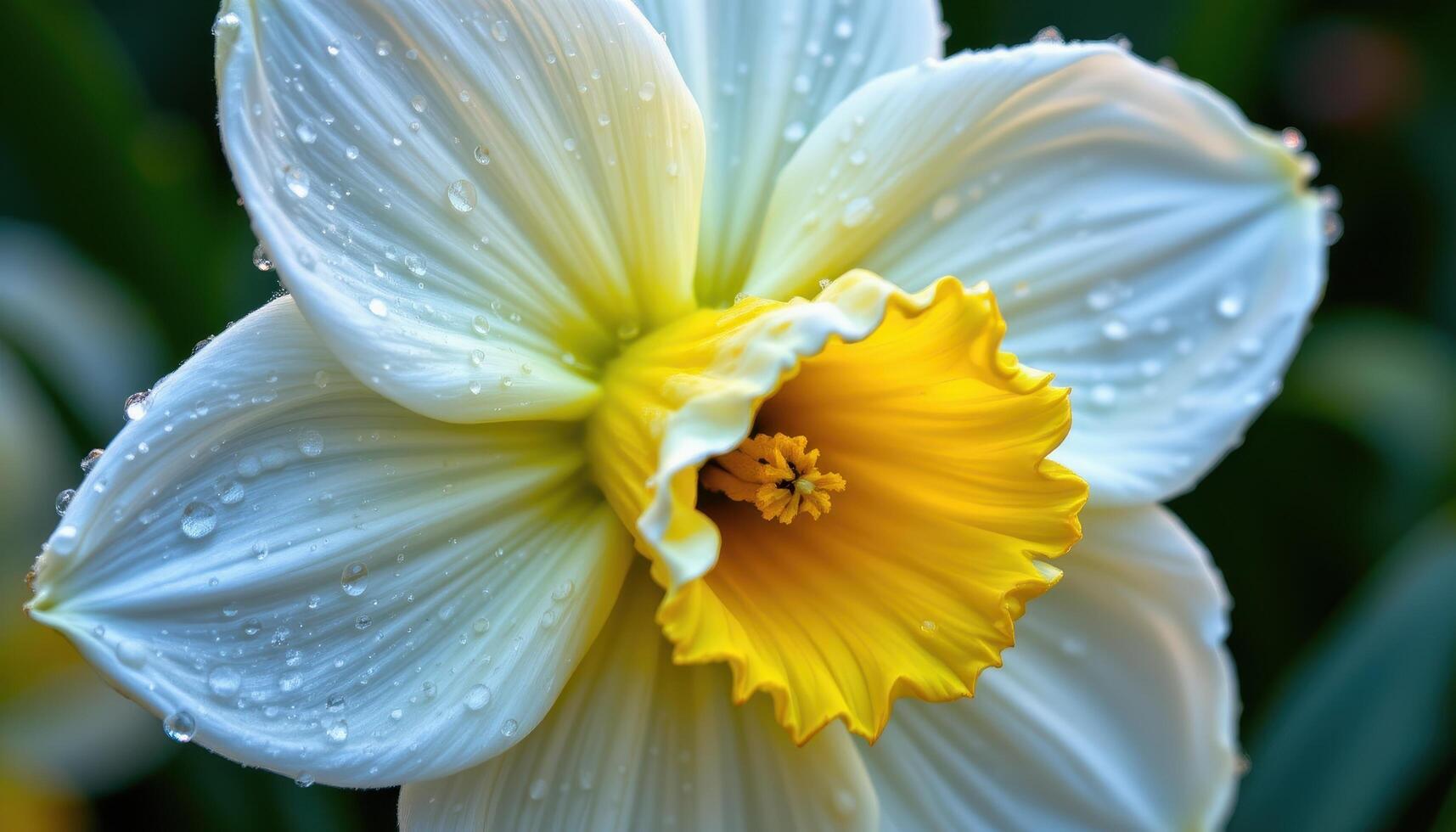 close up view of a dew covered daffodil with soft reflections shimmering on each petal. photo