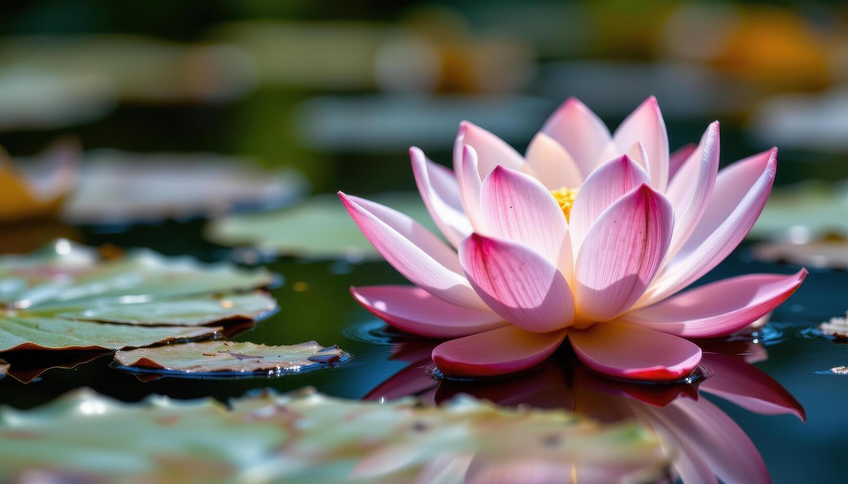 close up view of a blooming lotus flower with gentle reflections in the water below and fine detail in the petals. photo
