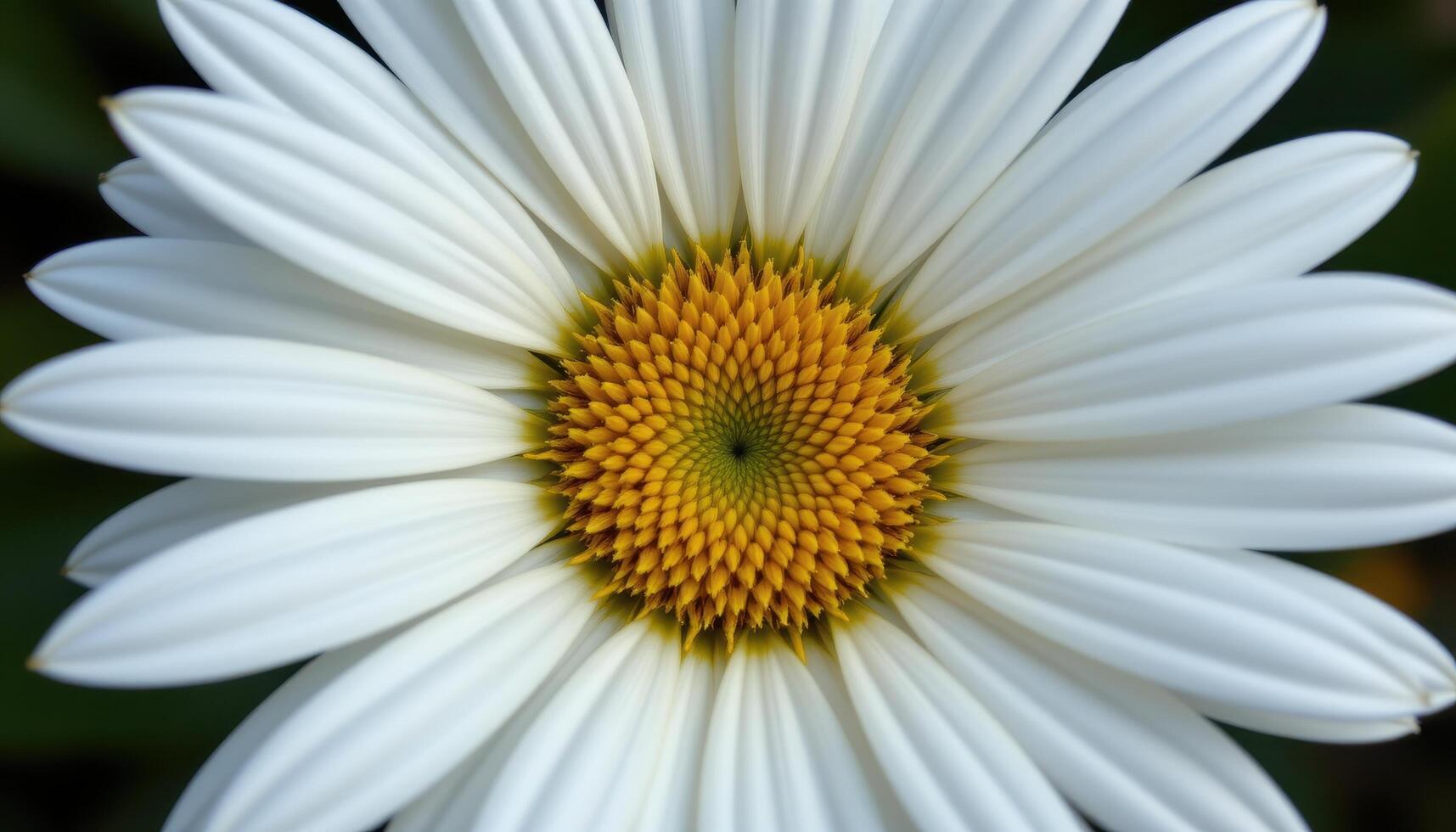 close up view of a daisy with perfectly symmetrical white petals surrounding a bright yellow center. photo
