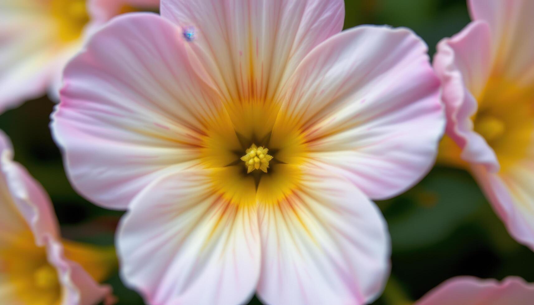 close up view of a primrose bloom with subtle pastels and tiny yellow details in the center. photo