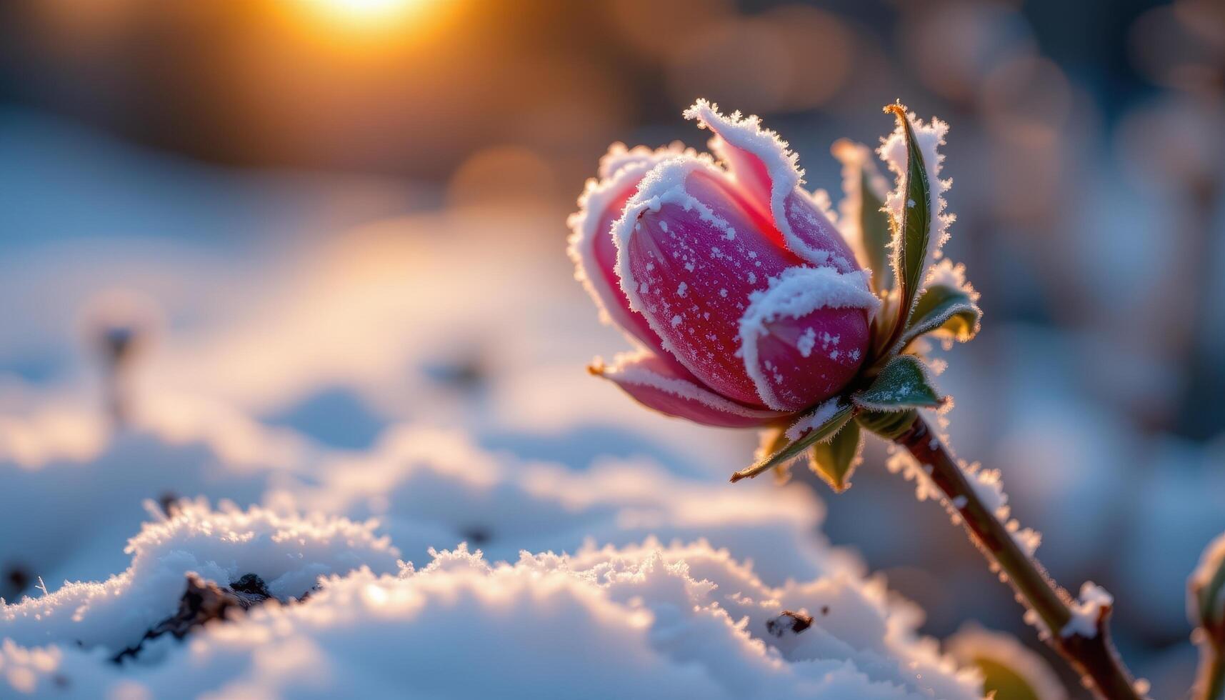 close up view of a frost covered bloom sparkling under the first light of dawn. photo