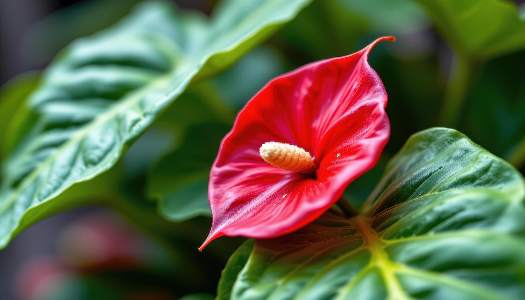close up view of a single anthurium bloom glowing red against broad green leaves. photo