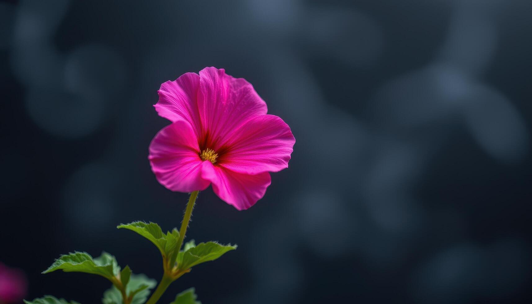close up view of a bright geranium blossom sitting against a dark, moody background with sharp contrast. photo