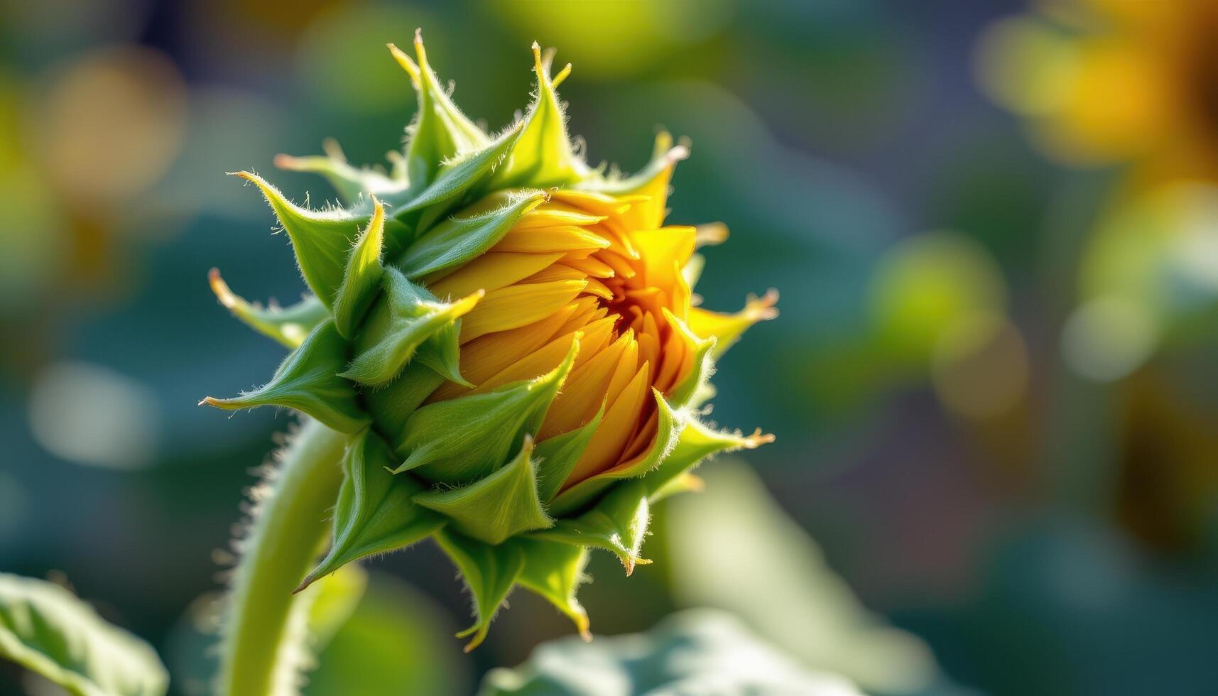 close up view of a sunflower bud just beginning to open, its edges curled in shadow and promise. photo
