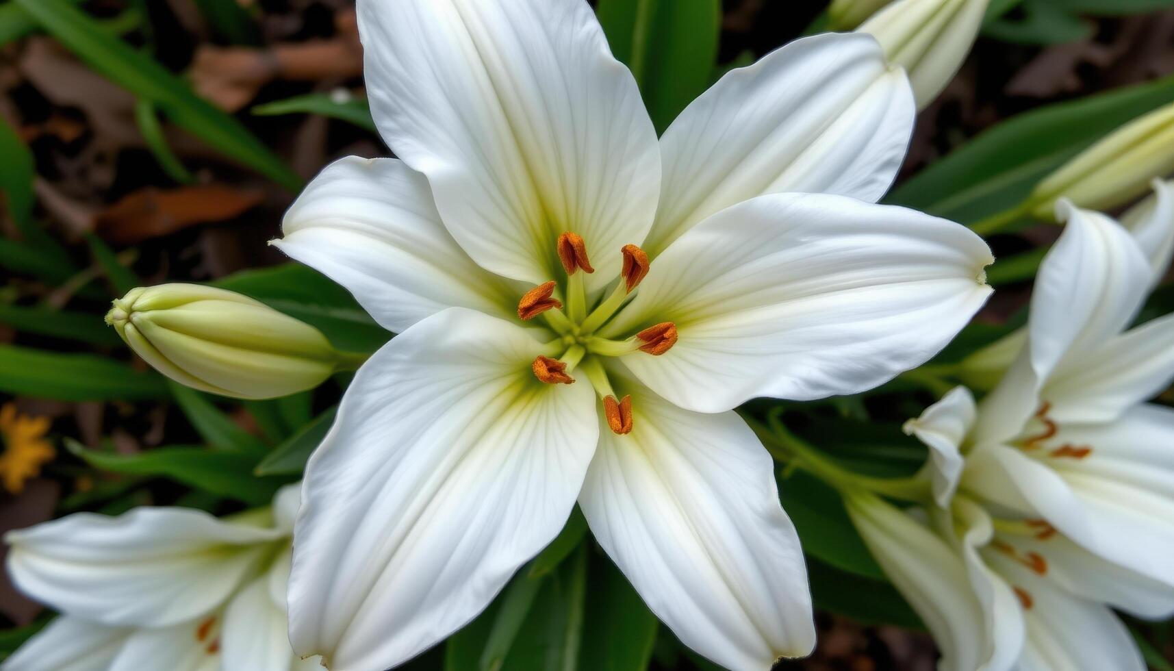 close up view of a white lily in full bloom captured from directly above for symmetry. photo