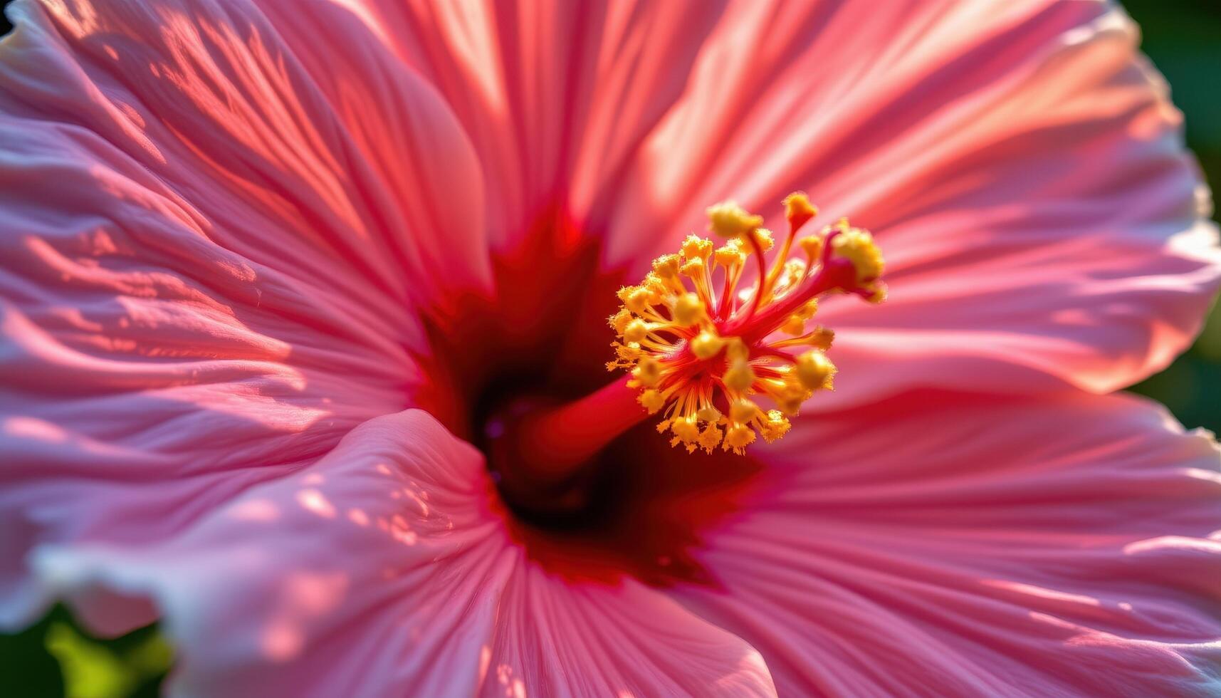 close up view of a hibiscus flower with wide open petals and intricate stamen catching golden light. photo