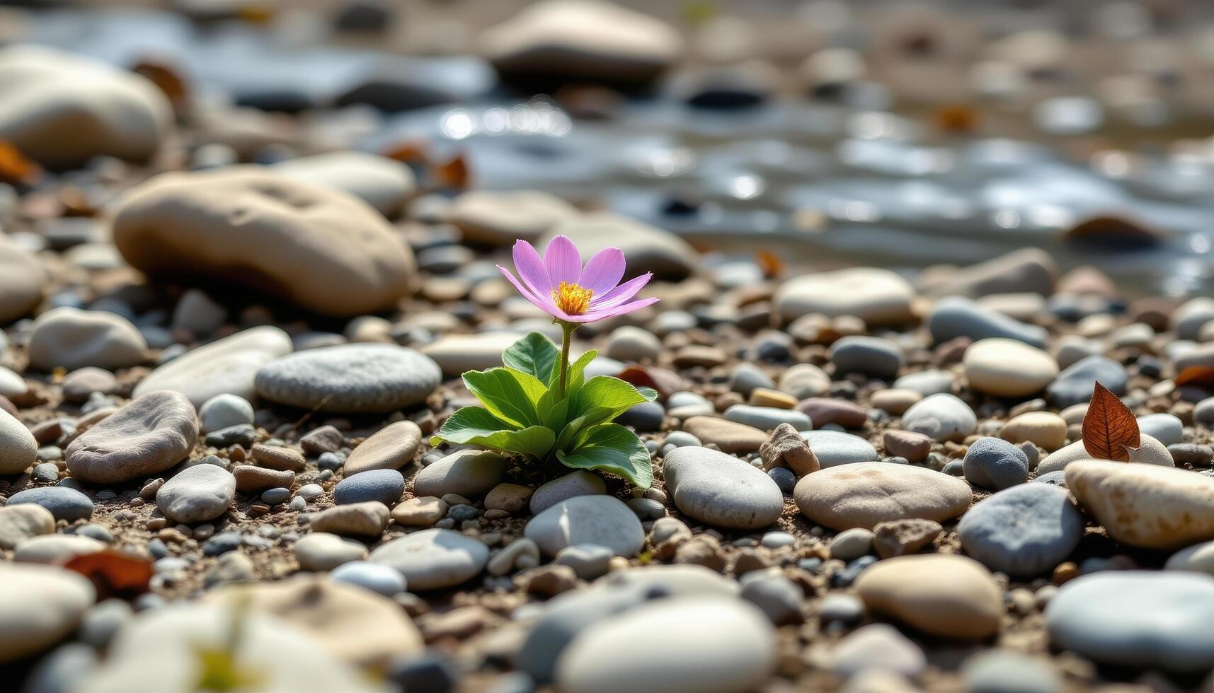 close up view of a delicate wild bloom growing freely among pebbles near a stream. photo