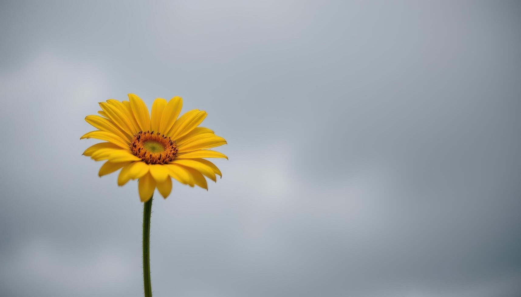 close up view of a bright yellow daisy standing tall in contrast to a soft gray sky. photo