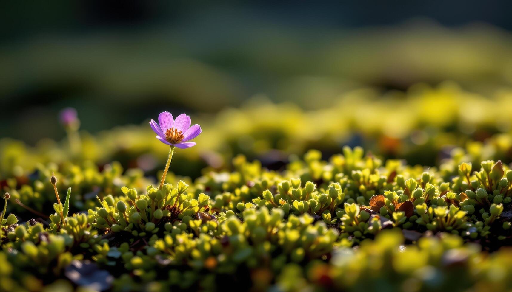 close up view of a small wildflower blooming in a sea of moss and softly glowing light. photo
