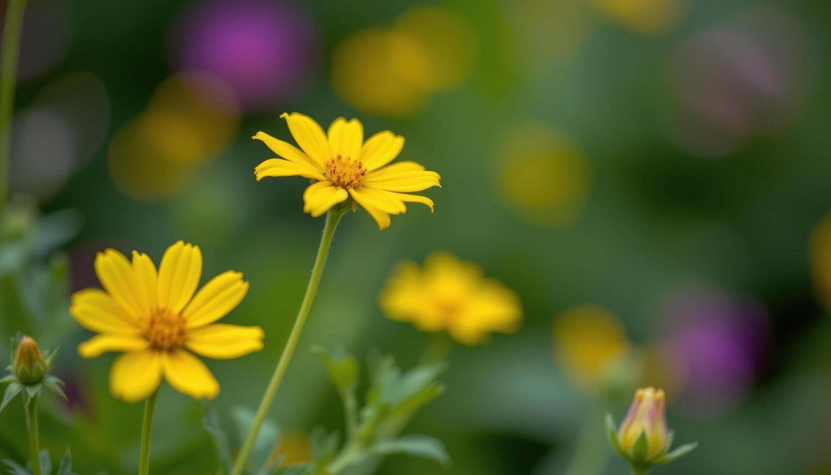 close up view of a golden coreopsis swaying in a quiet breeze against a soft green blur. photo