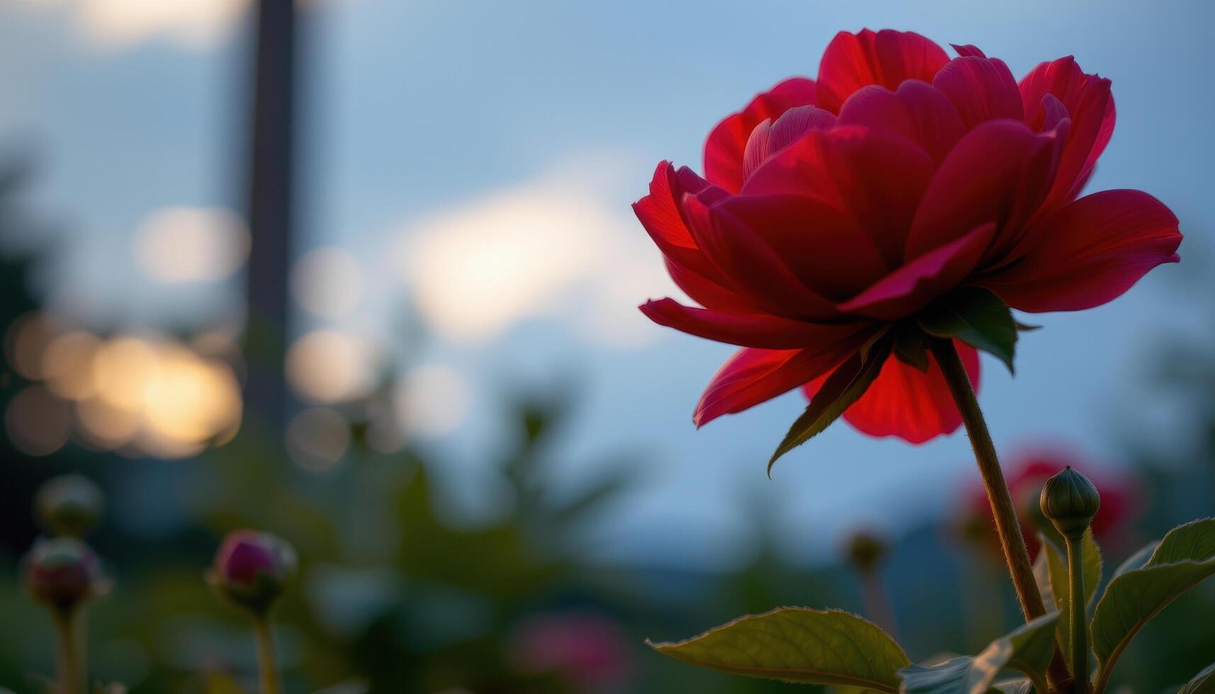 close up view of a crimson peony glowing softly in the diffuse light of an overcast afternoon. photo