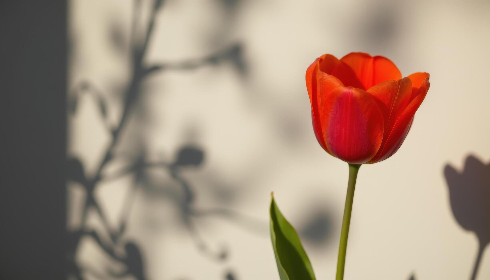 close up view of a flame red tulip fully open in mid afternoon sun, casting a sharp shadow behind. photo