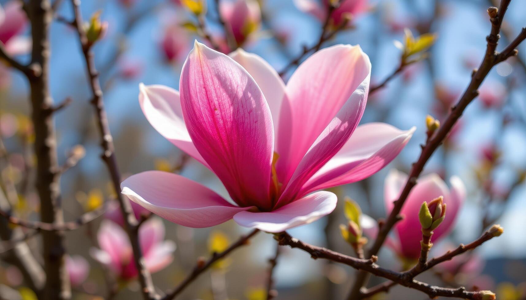 close up view of a pink magnolia flower just beginning to open, framed by blurred spring branches. photo