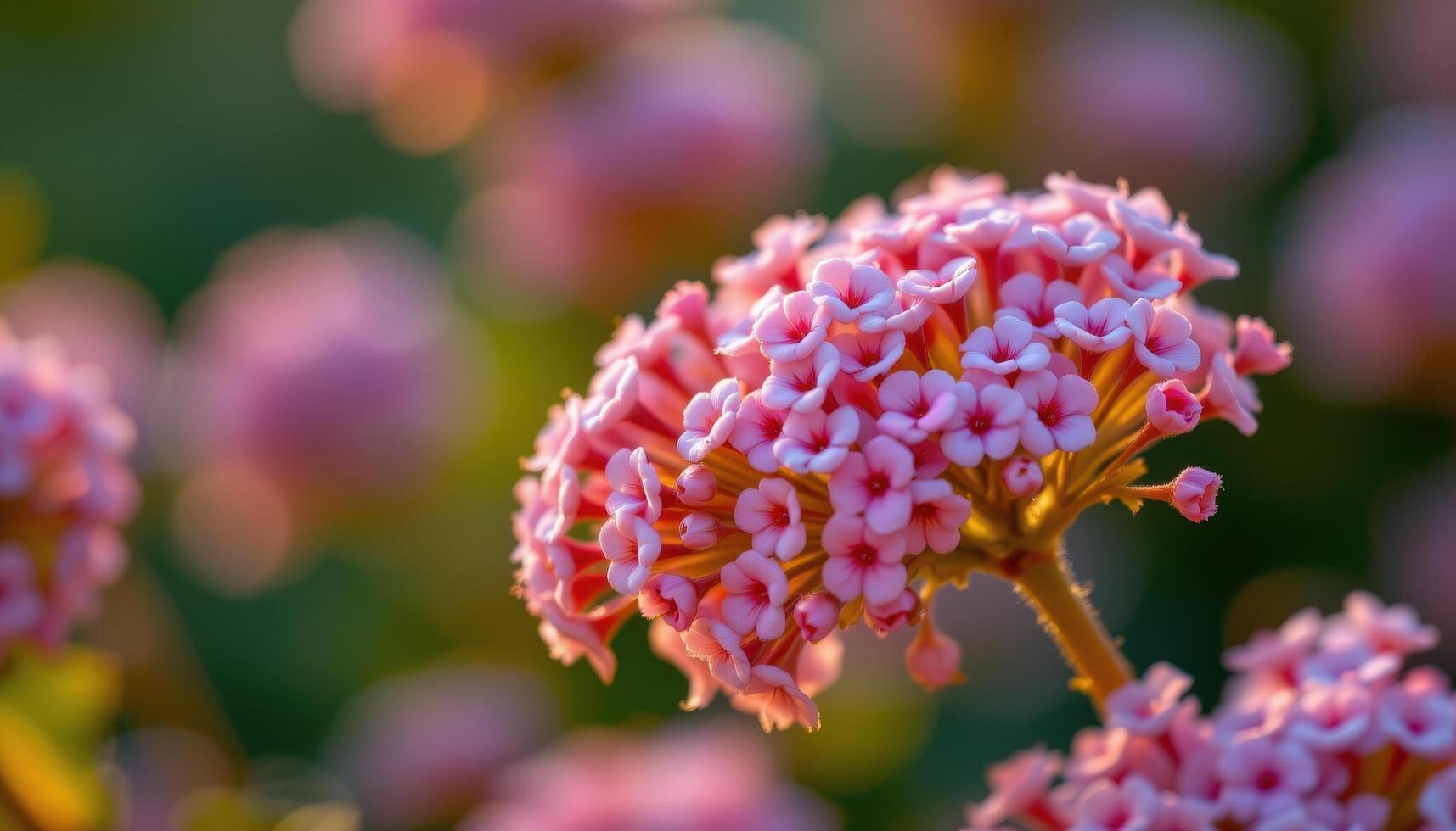 close up view of a cluster of tiny pink blooms glowing softly in golden twilight. photo