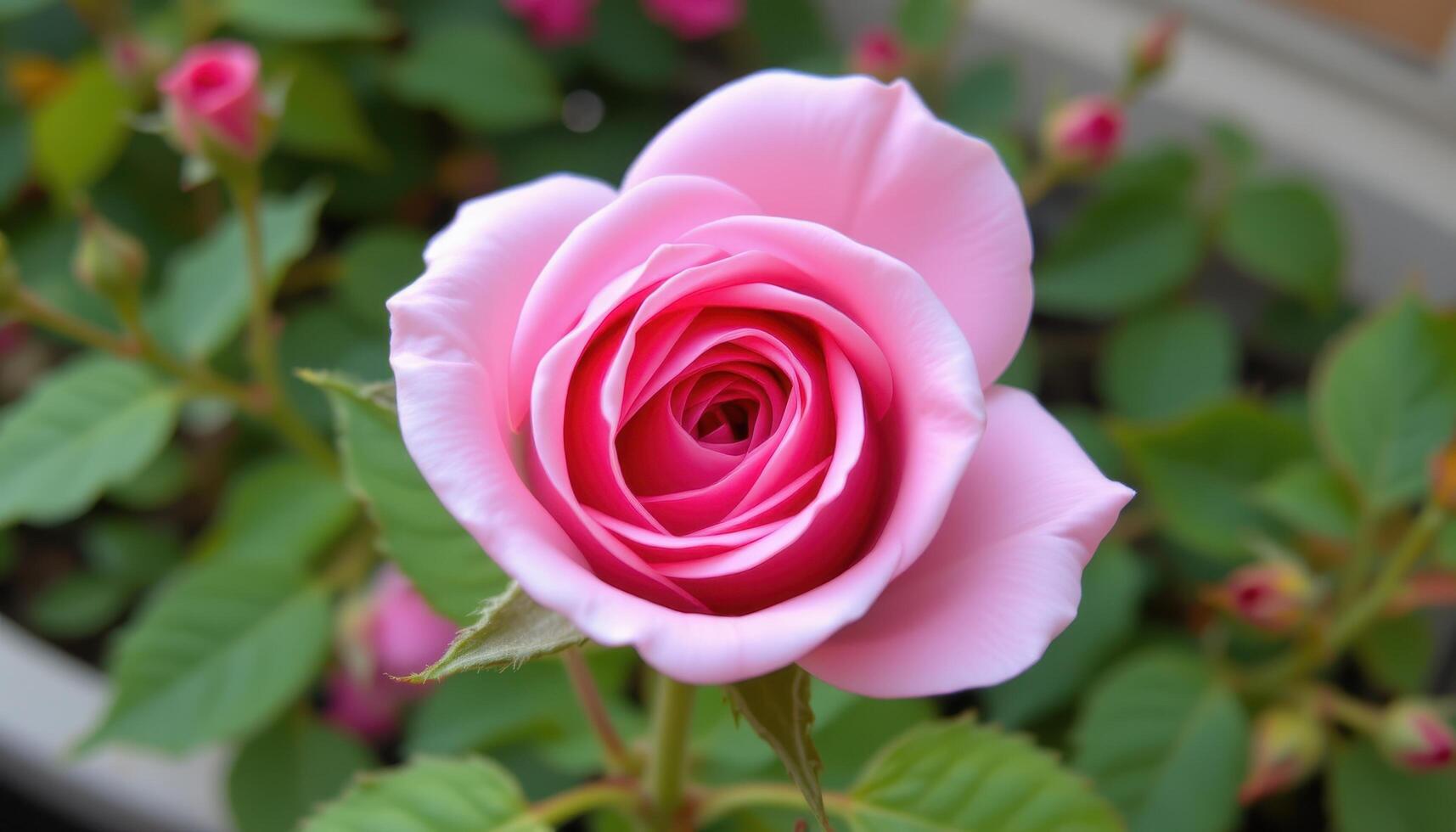 close up view of a pink rosebud just beginning to open, showing soft inner spirals. photo